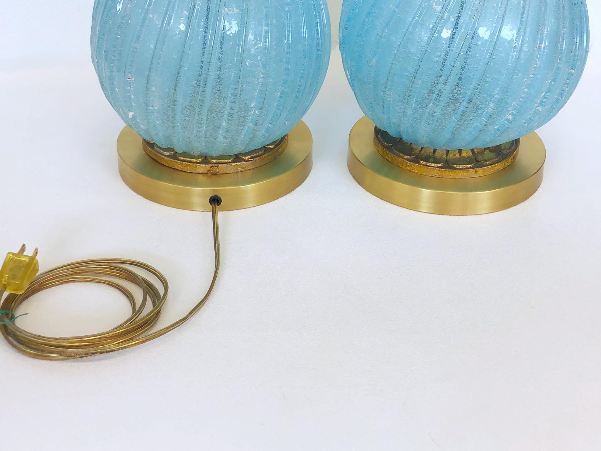 Pair of Italian Powder Blue Murano Glass and Brass Table Lamps  4