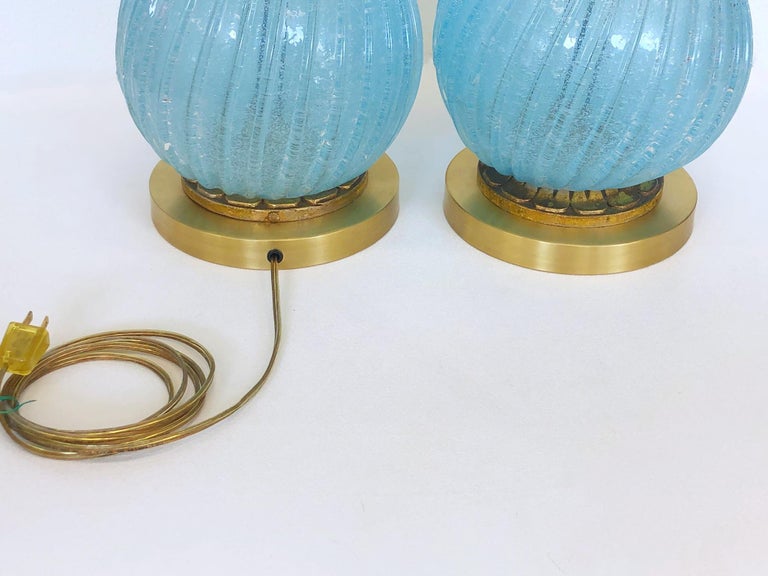 Pair of Italian Powder Blue Murano Glass and Brass Table Lamps  For Sale 4