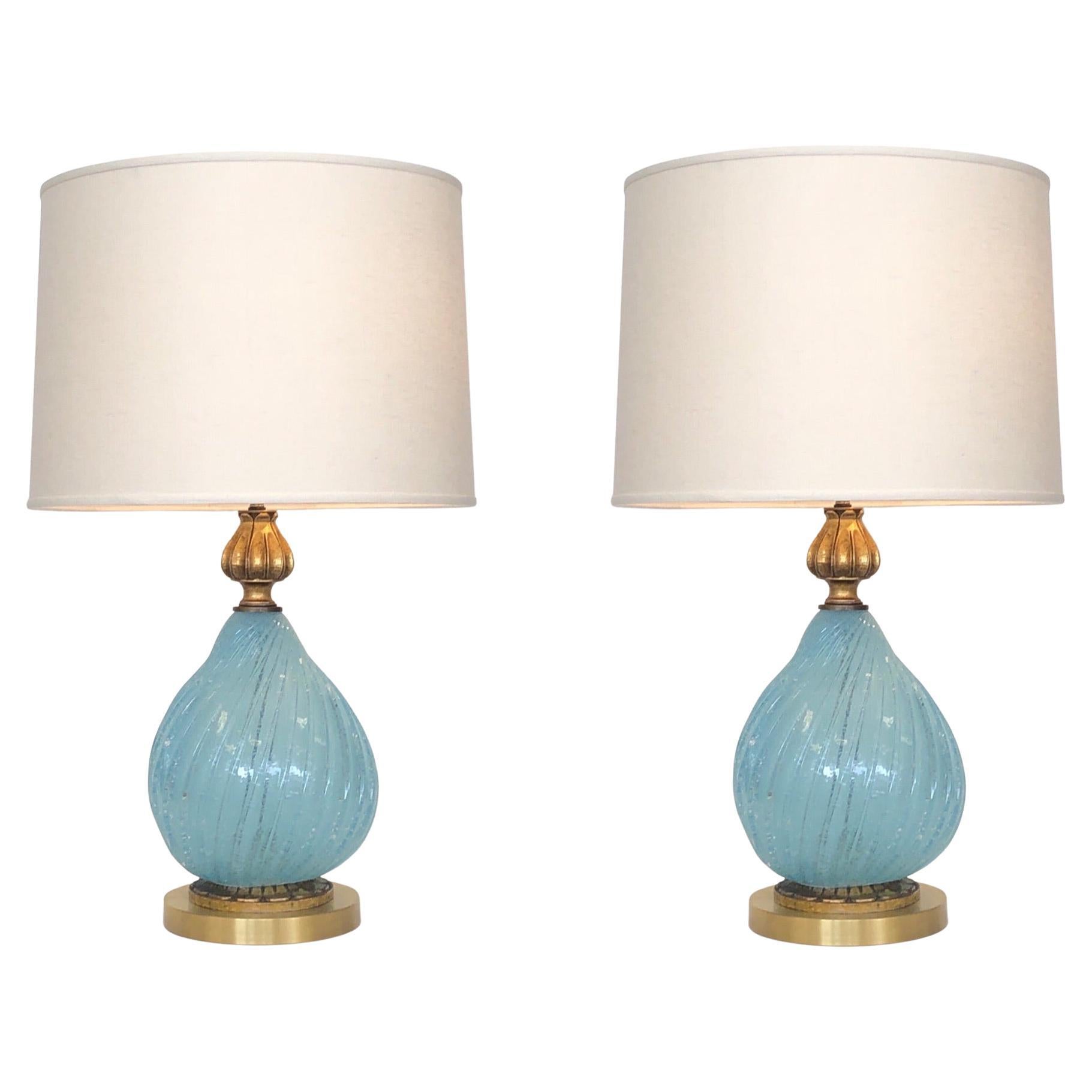 Pair of Italian Powder Blue Murano Glass and Brass Table Lamps 
