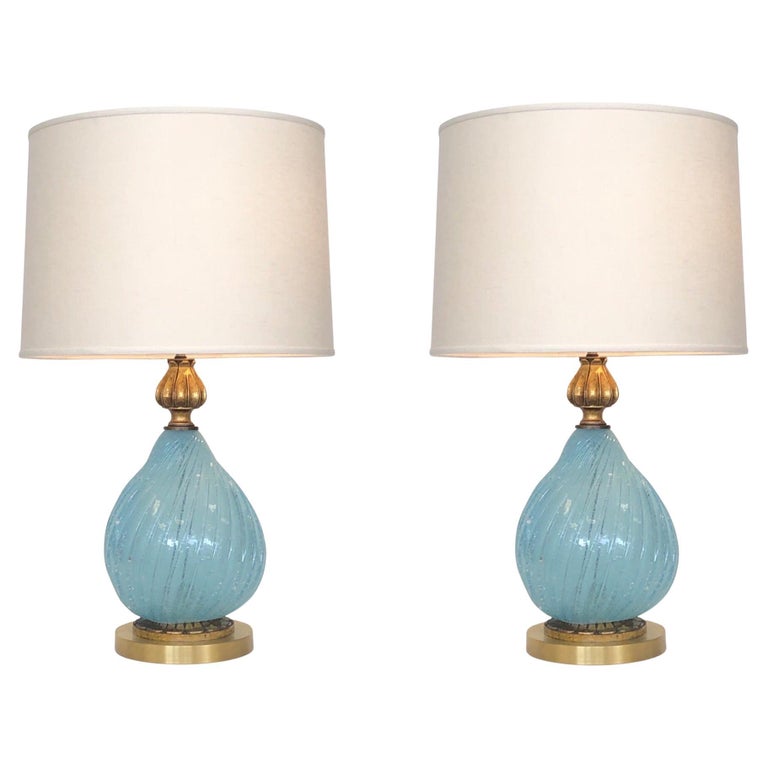 Pair of Italian Powder Blue Murano Glass and Brass Table Lamps  For Sale