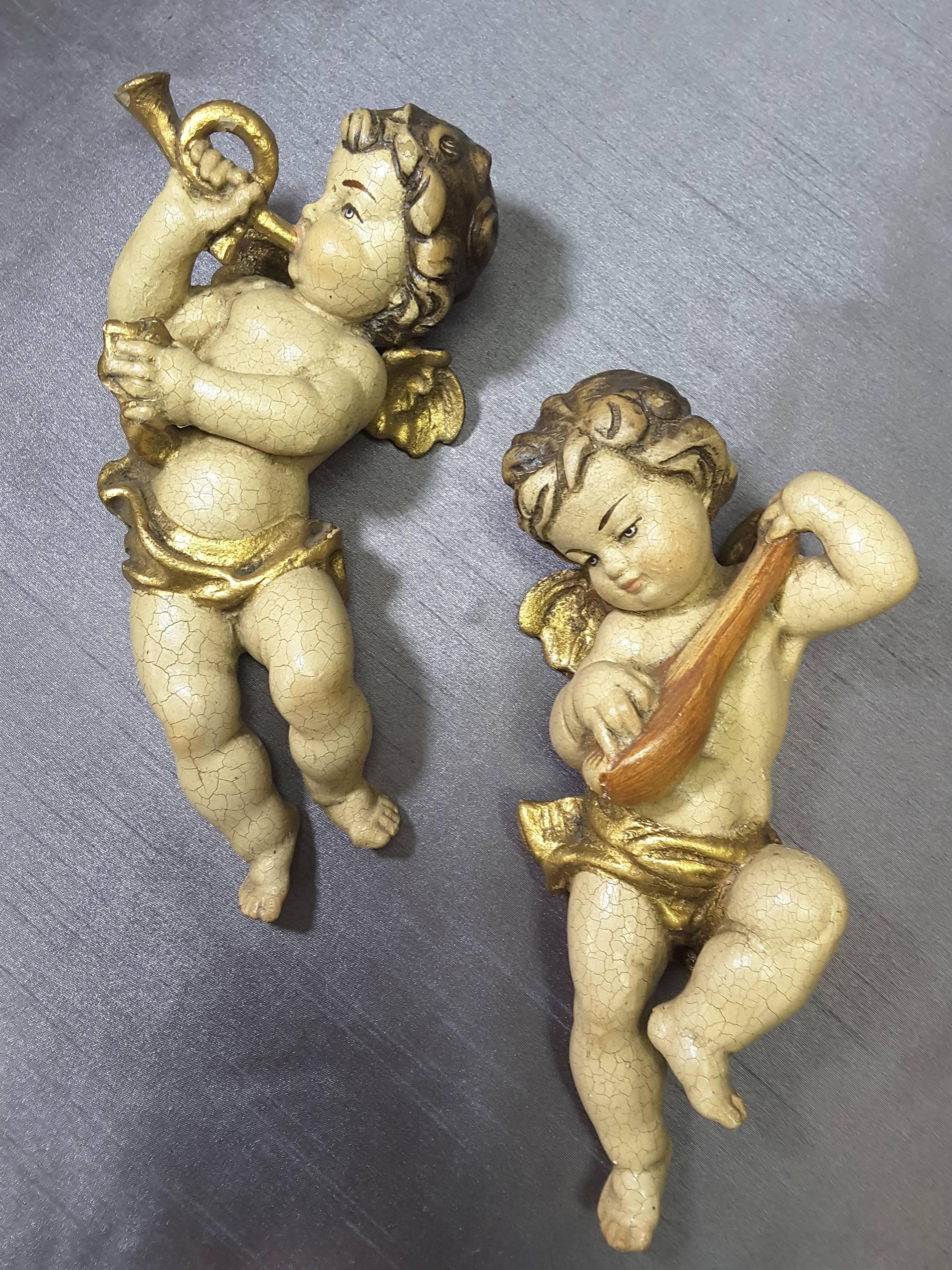 Pair of Italian Putti Wood Carved Hand-Painted Gilt Late 19th-Early 20th Century 6