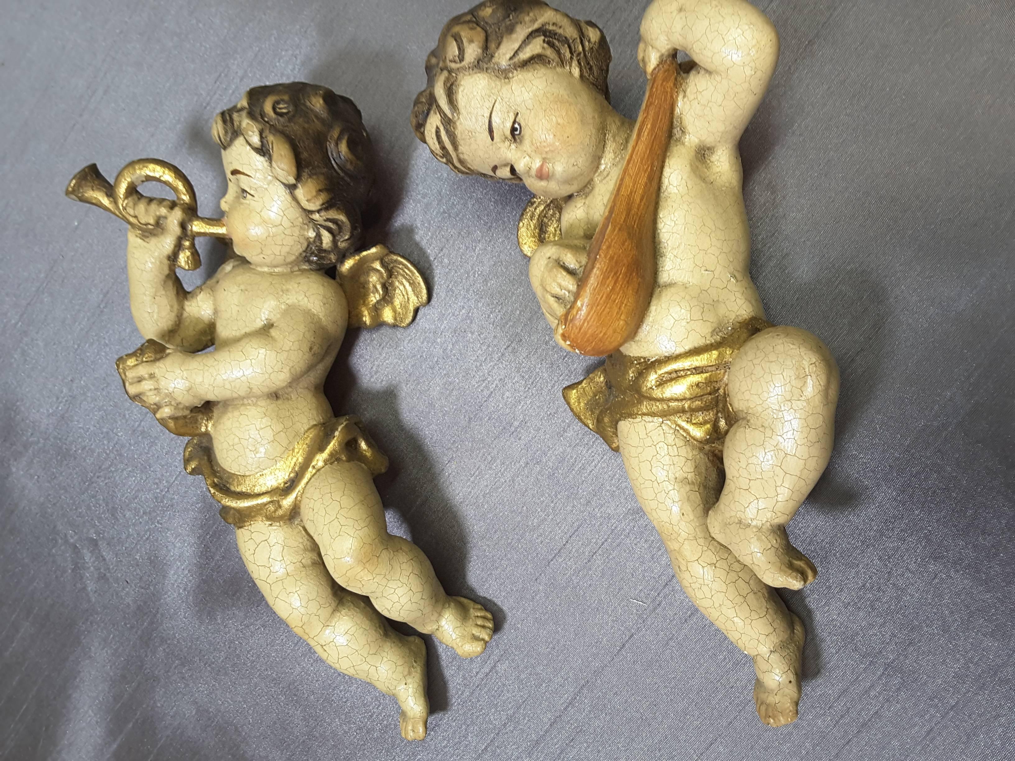 Rococo Pair of Italian Putti Wood Carved Hand-Painted Gilt Late 19th-Early 20th Century