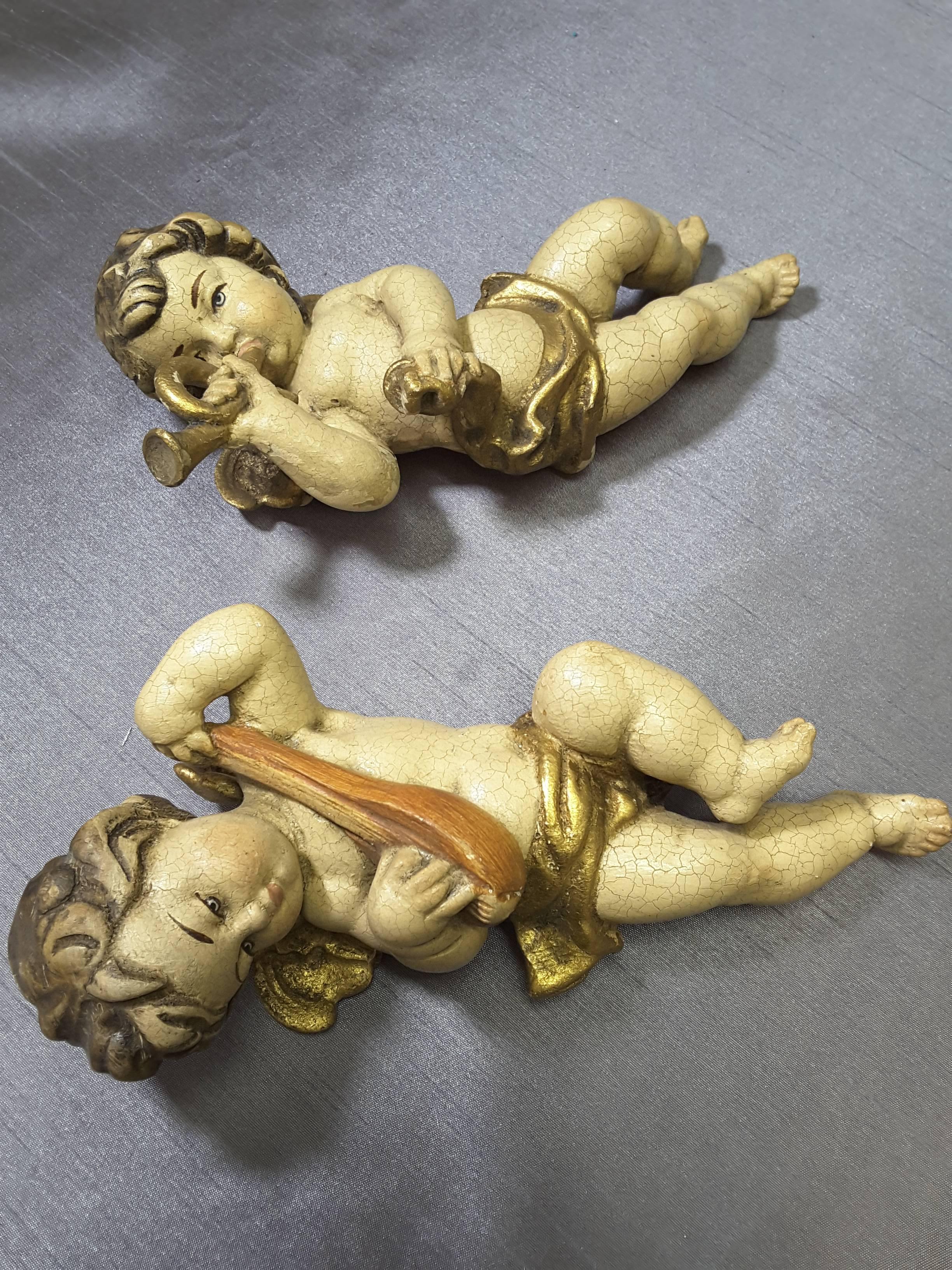 19th Century Pair of Italian Putti Wood Carved Hand-Painted Gilt Late 19th-Early 20th Century