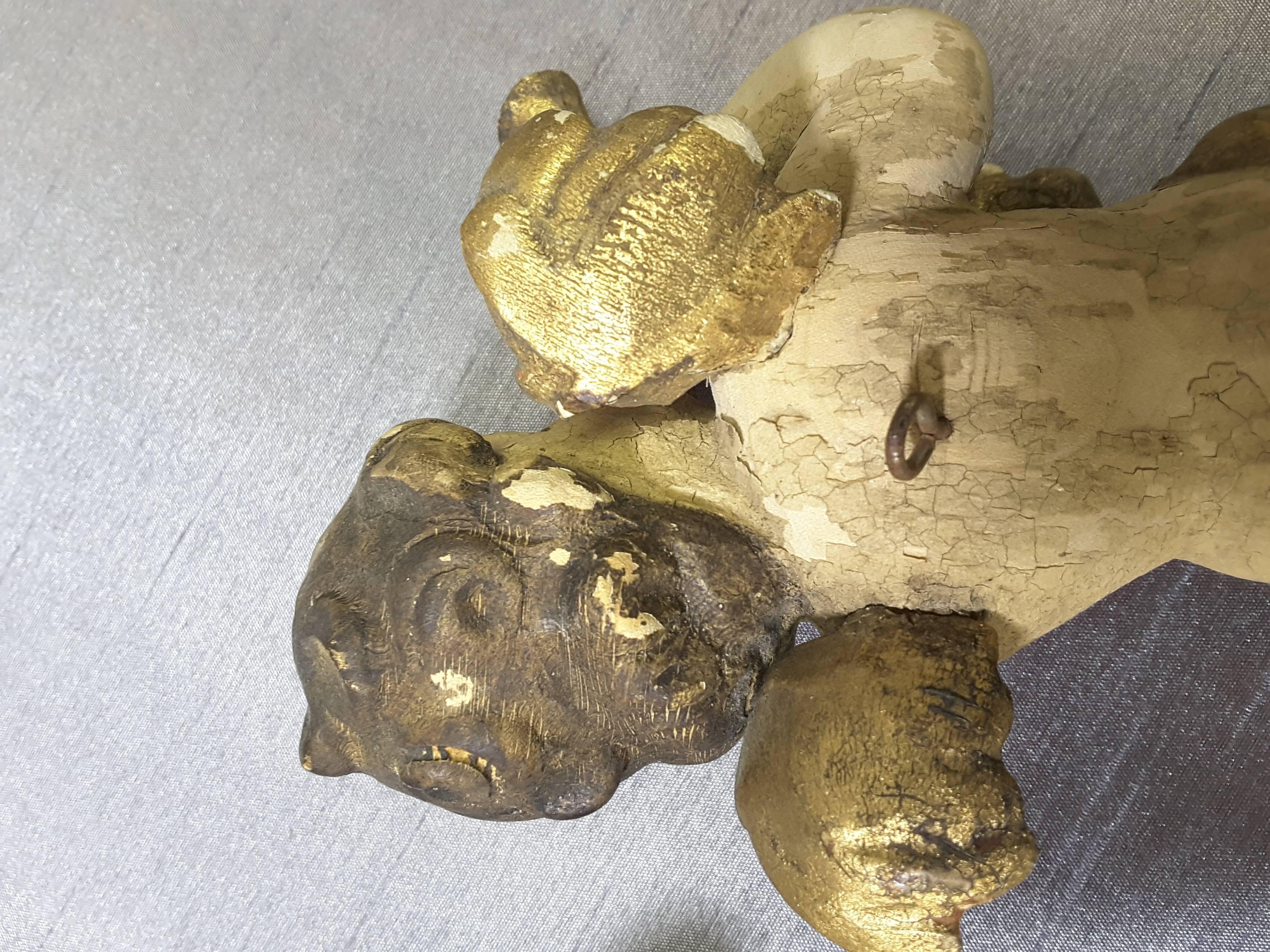 Pair of Italian Putti Wood Carved Hand-Painted Gilt Late 19th-Early 20th Century 1