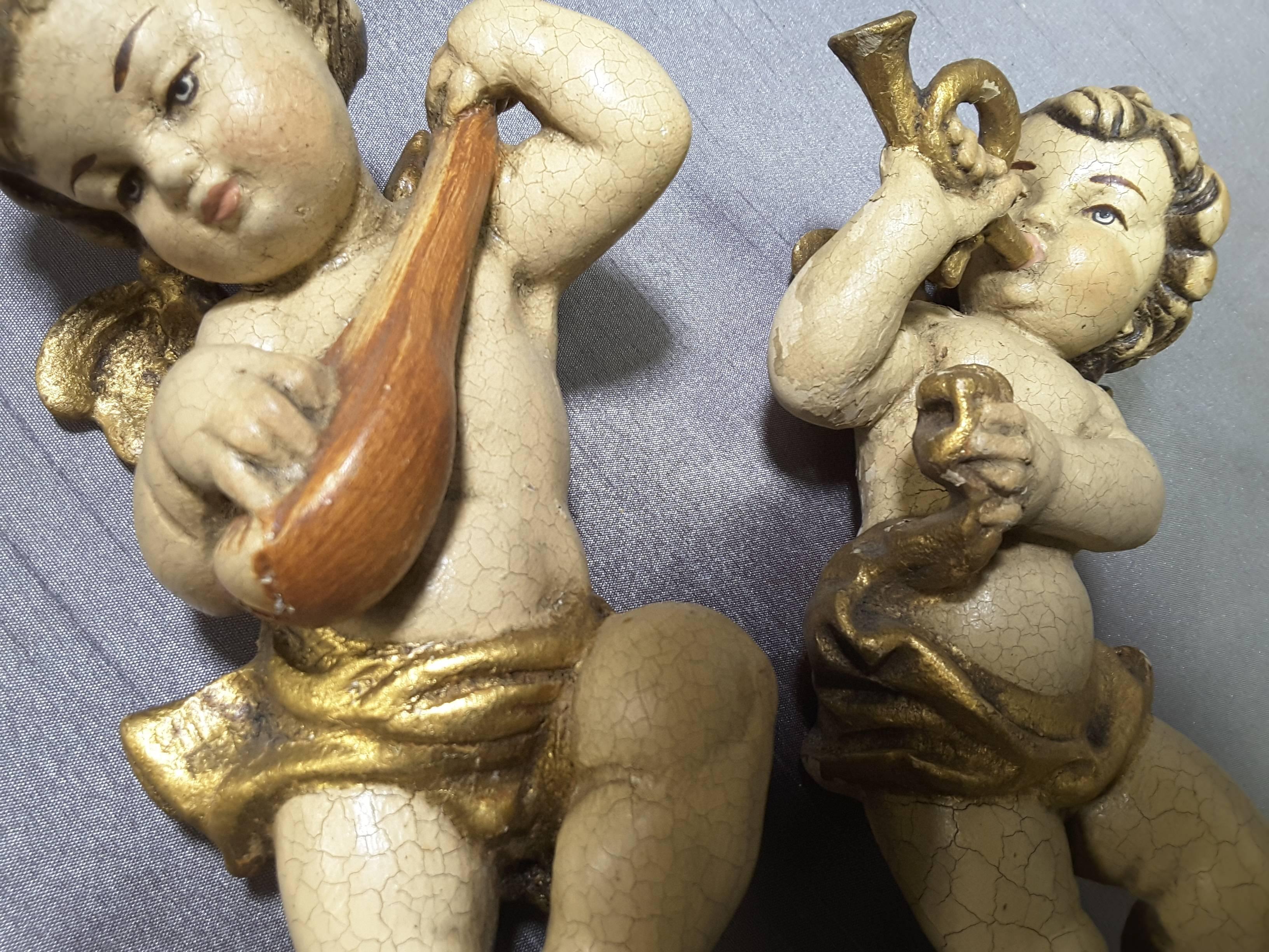 Pair of Italian Putti Wood Carved Hand-Painted Gilt Late 19th-Early 20th Century 3