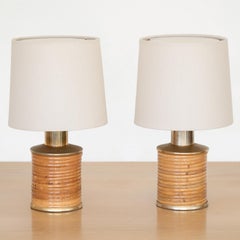 Pair of Italian Rattan and Brass Table Lamps