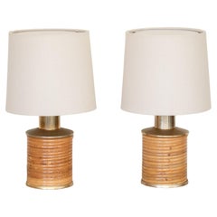 Pair of Italian Rattan and Brass Table Lamps