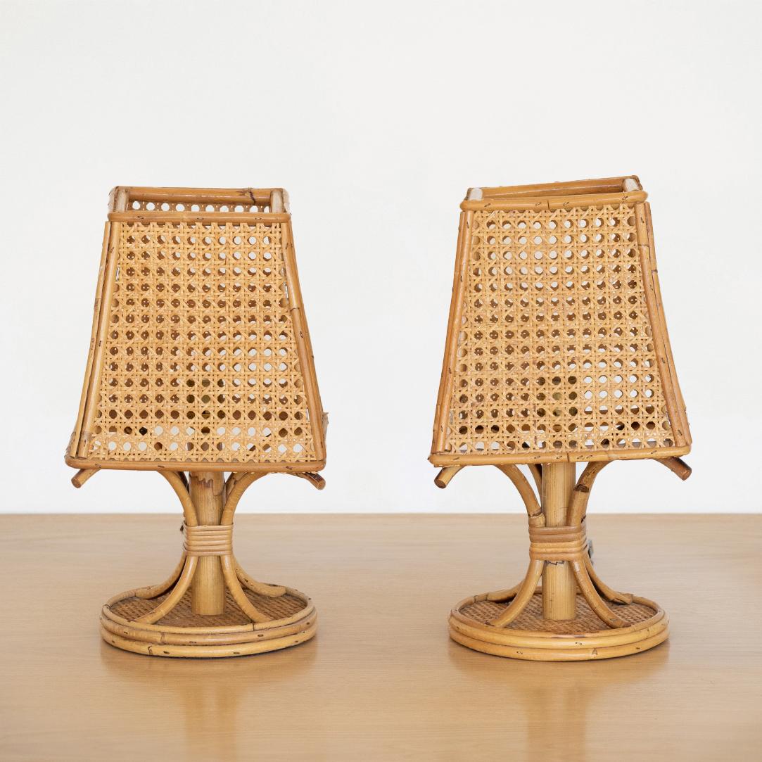 Pair of Italian Rattan and Cane Lamps In Good Condition In Los Angeles, CA
