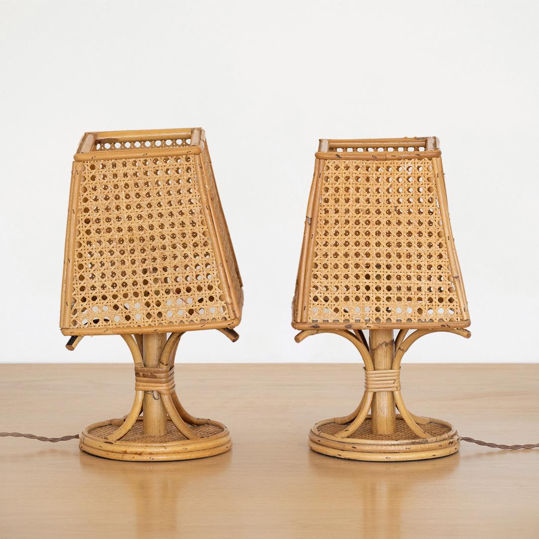20th Century Pair of Italian Rattan and Cane Lamps