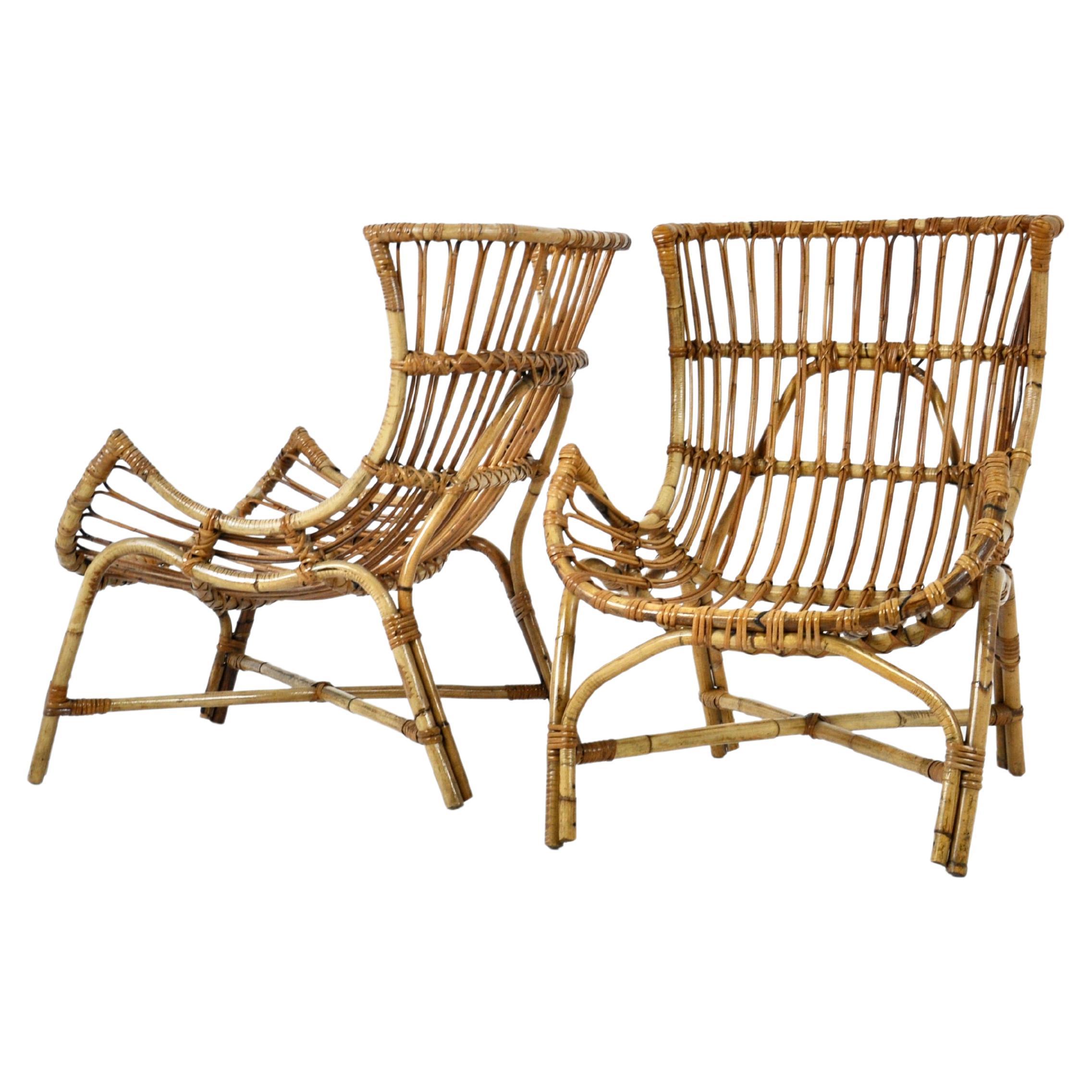 Pair of Italian Rattan Armchairs, 1960s For Sale