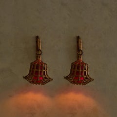 Pair of Italian Rattan + Bamboo Sconces with Red Diffusers, 1970s