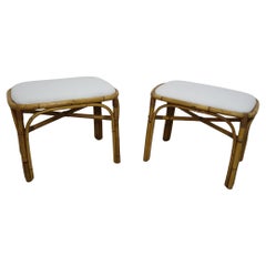 Pair of Italian rattan bamboo stool fabric white boucle from 1970s