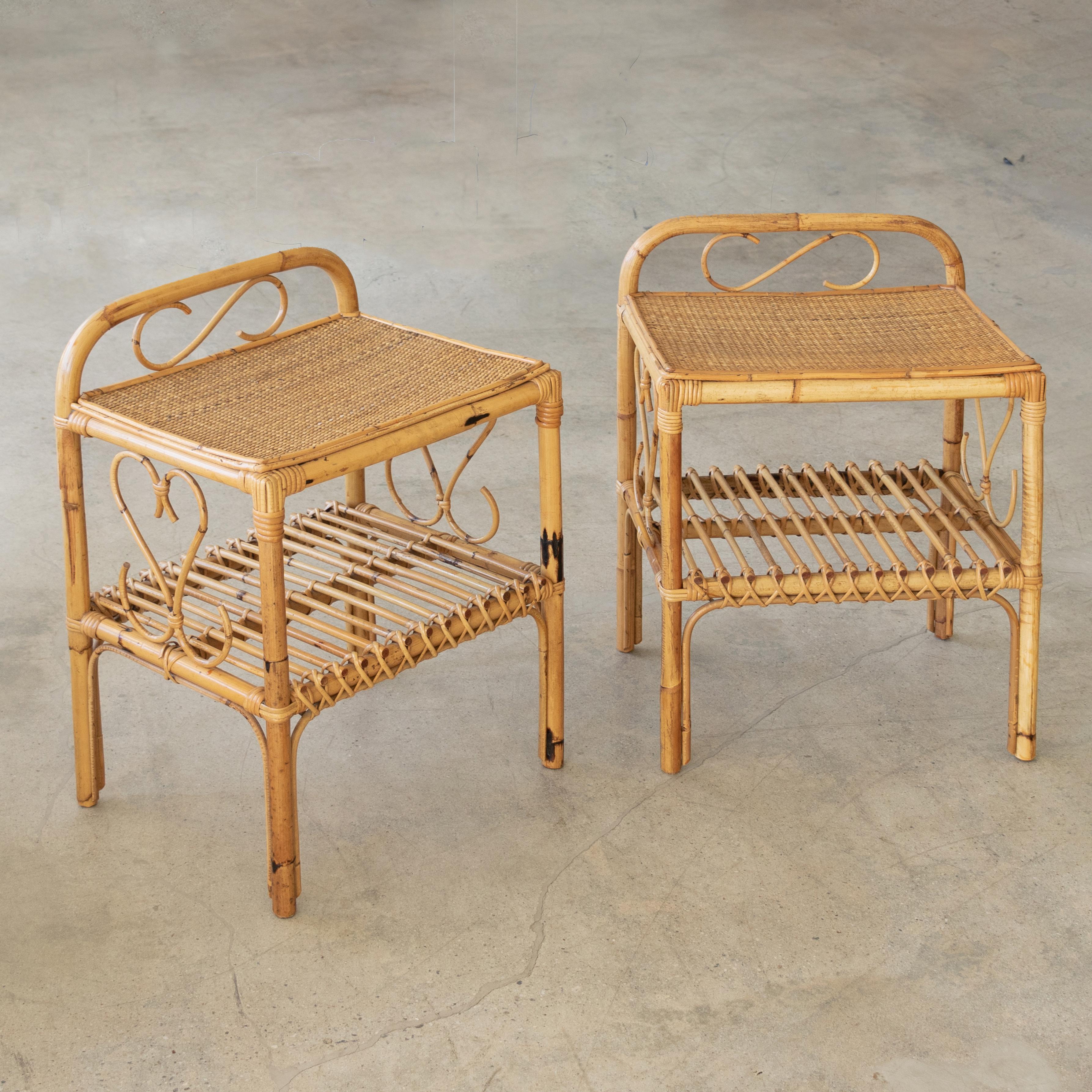 Wicker Pair of Italian Rattan Bed Side Tables
