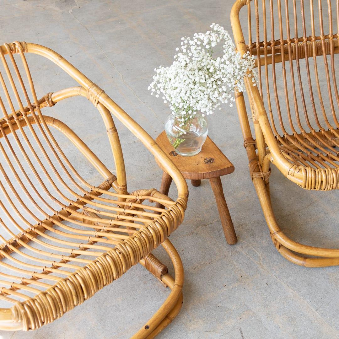 Pair of Italian Rattan Bucket Chairs In Good Condition For Sale In Los Angeles, CA