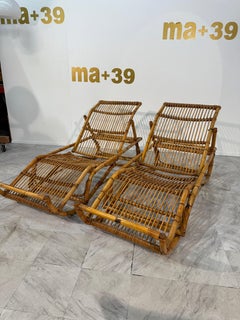 Pair of Tito Agnoli, Italian Rattan Chaise Lounges, 1970s