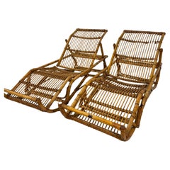 Pair of Tito Agnoli, Italian Rattan Chaise Lounges, 1970s