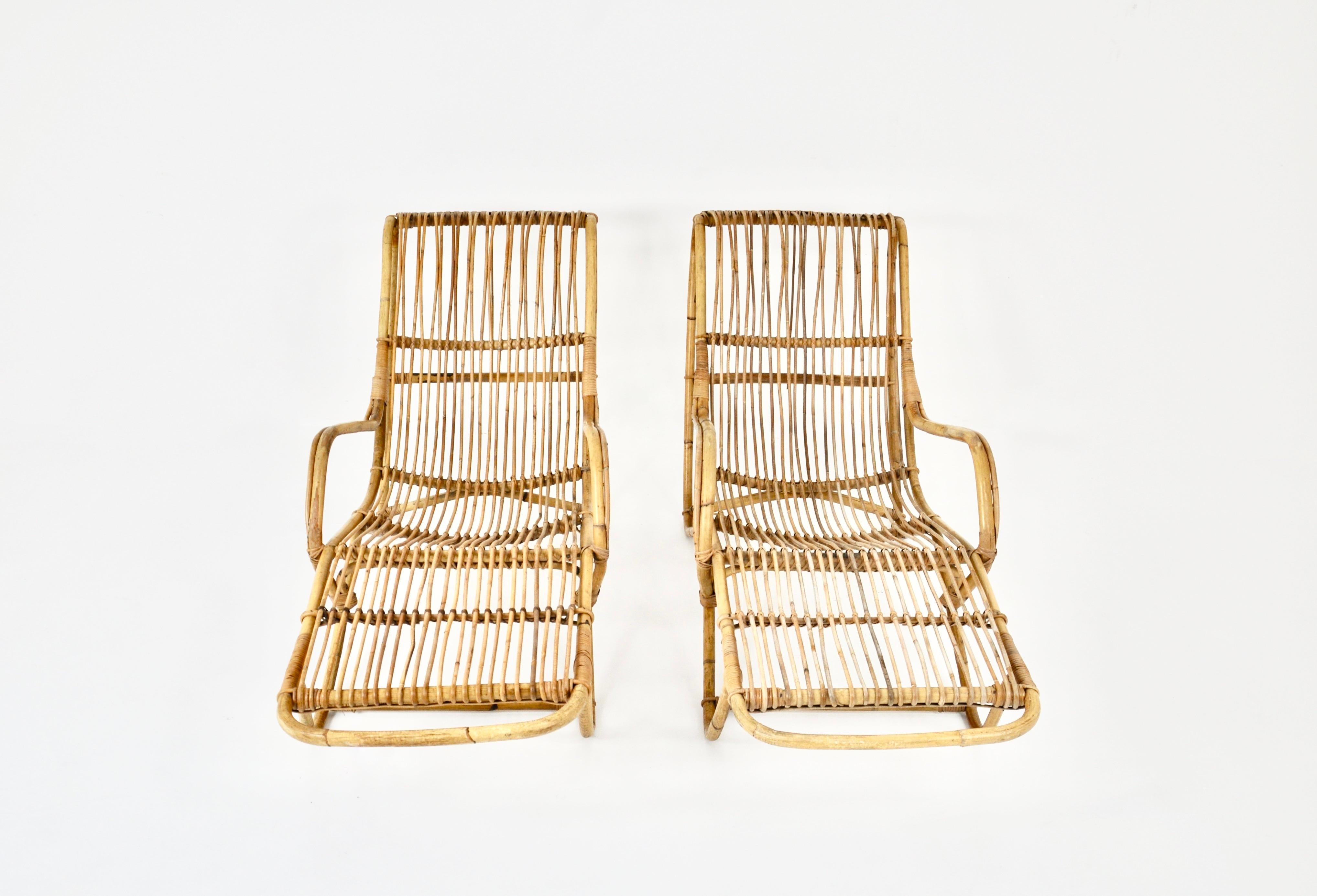 Italian Pair of Rattan Lounge chairs, 1960s For Sale