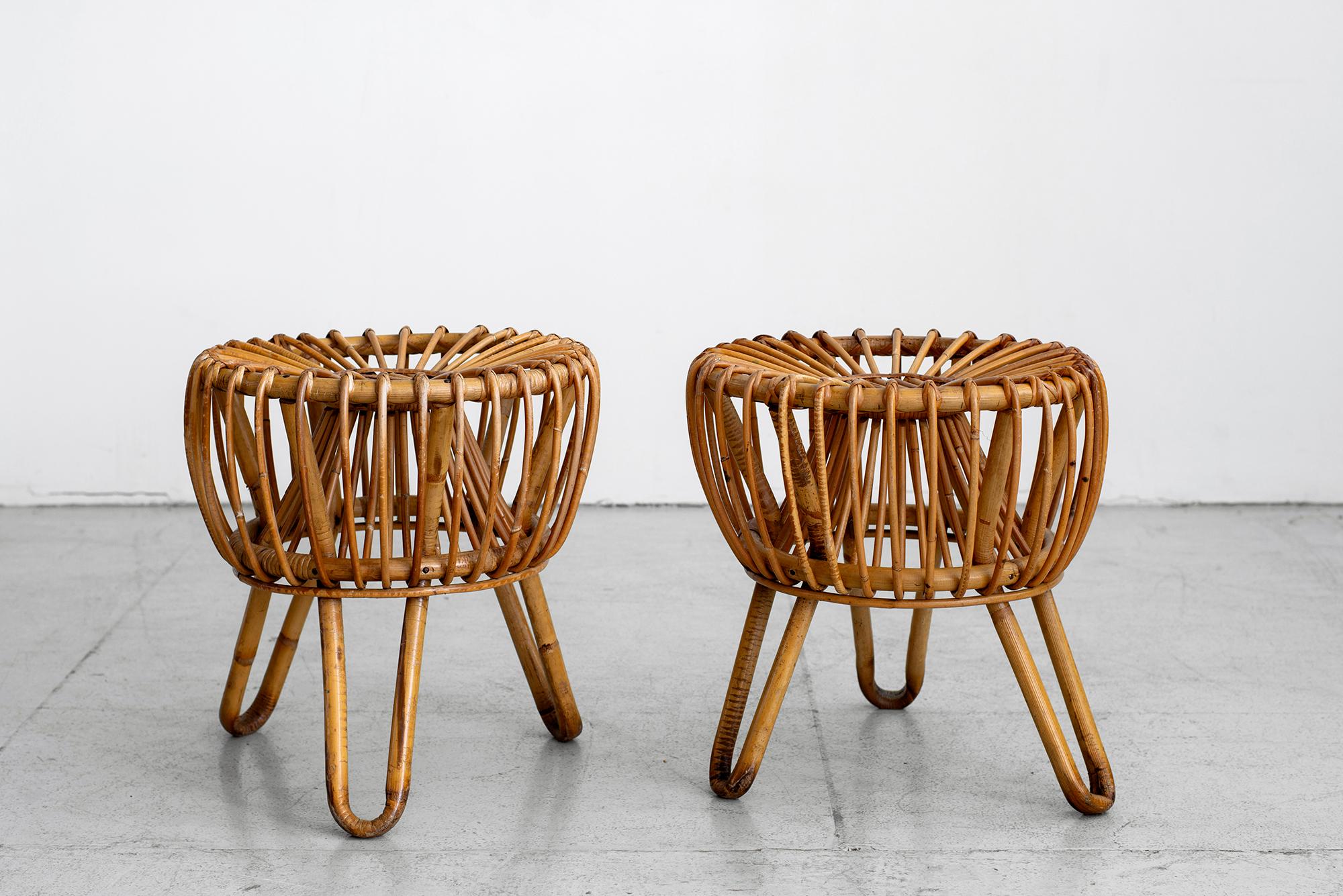 Pair of Italian stools in bamboo and rattan - attributed to Bonacina. 
1960s Italian 
Great scale and shape!