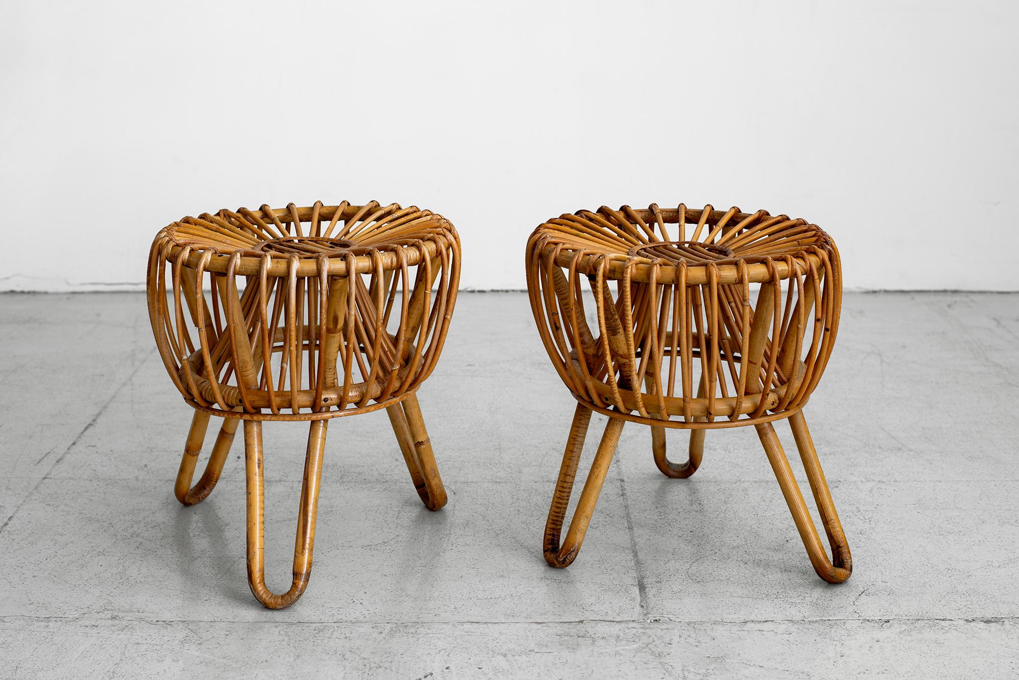 Pair of Italian Rattan Stools In Good Condition In Beverly Hills, CA