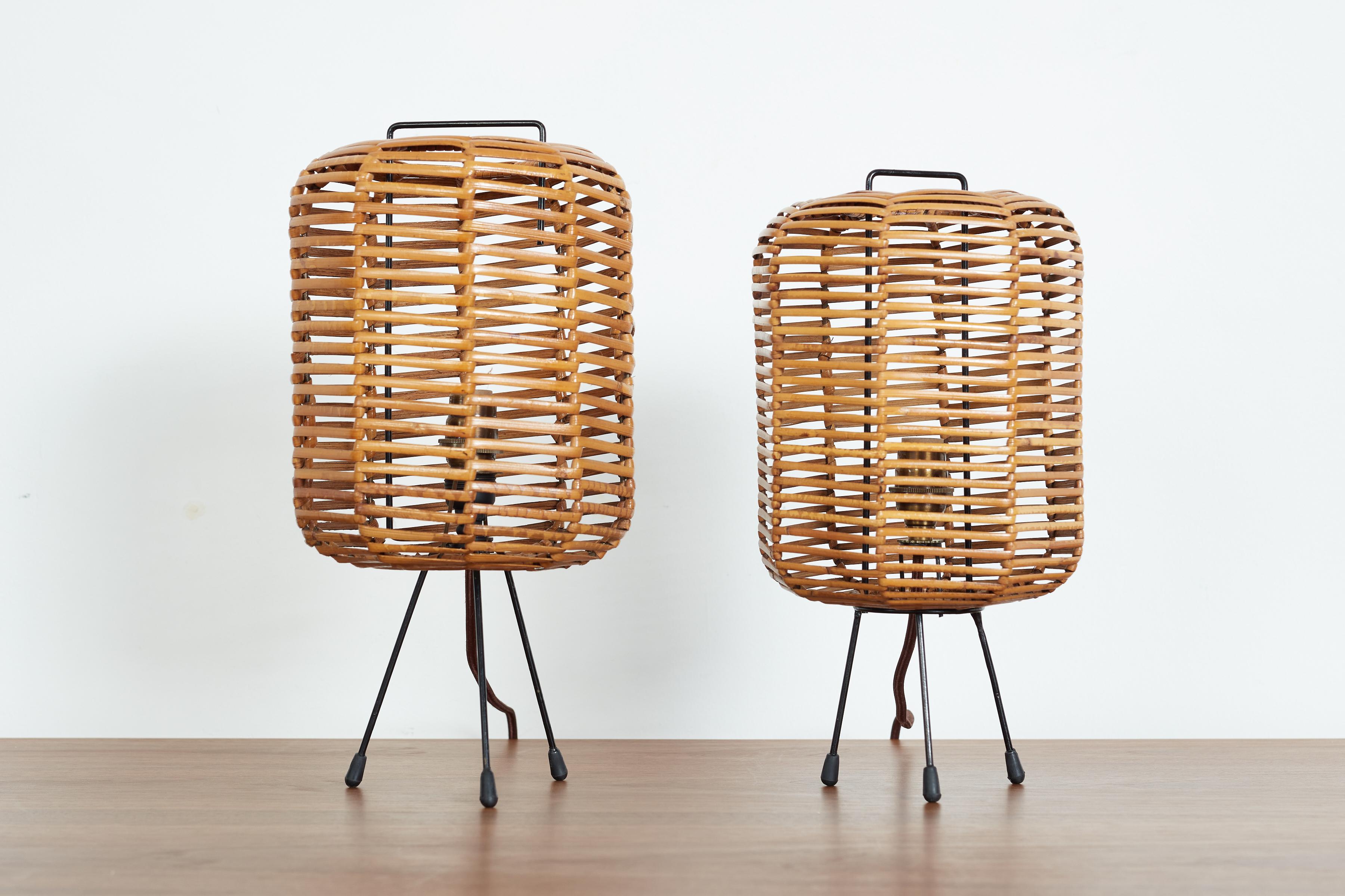 Mid-20th Century Pair of Italian Rattan Table Lamps  For Sale