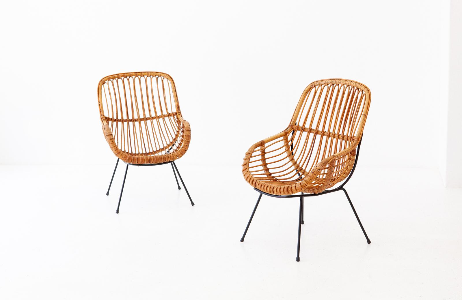Mid-Century Modern Pair of Italian Rattan, Wicker and Iron Armchairs, 1950s For Sale