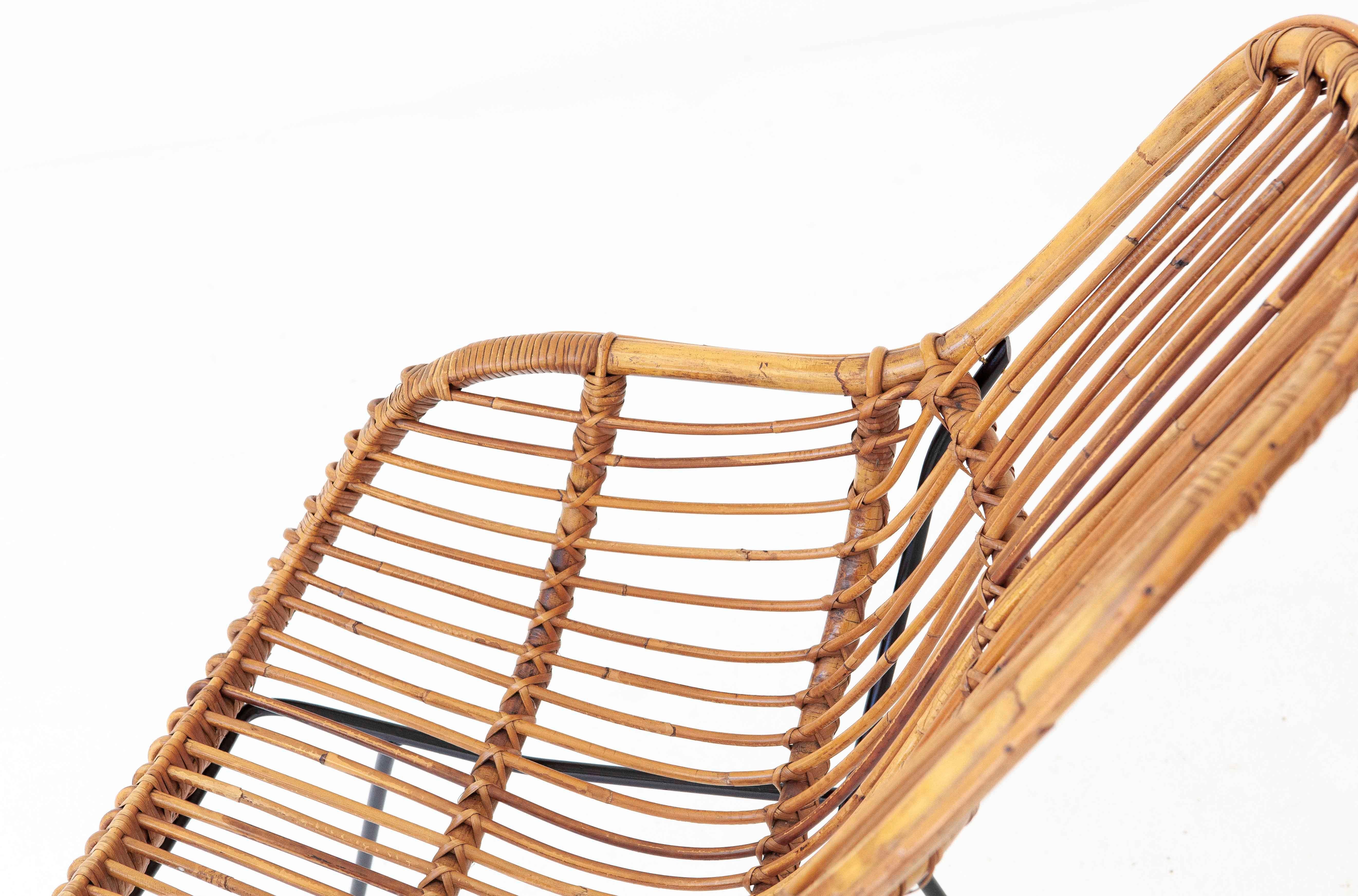 Pair of Italian Rattan, Wicker and Iron Armchairs, 1950s In Good Condition For Sale In Rome, IT