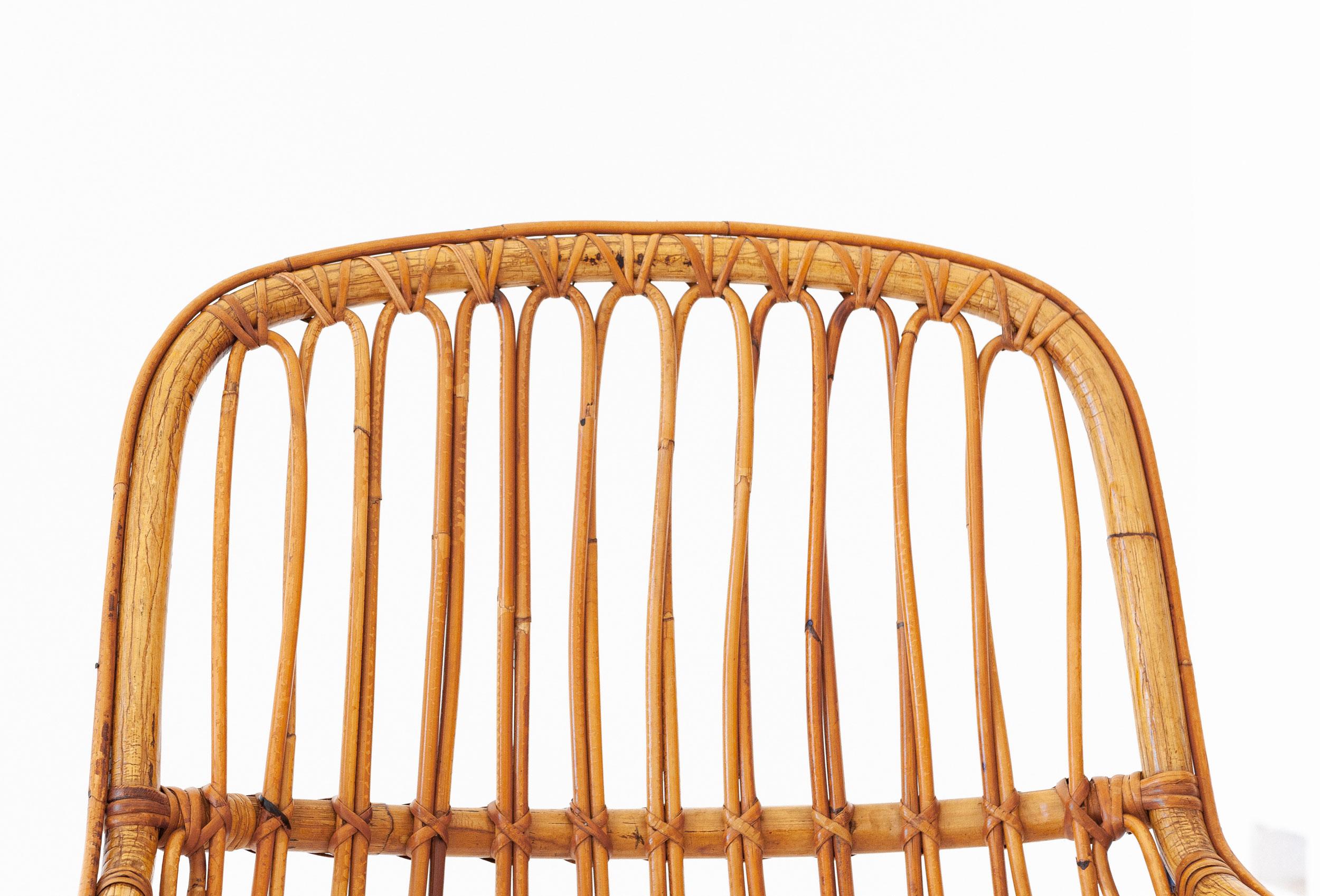 Mid-20th Century Pair of Italian Rattan, Wicker and Iron Armchairs, 1950s For Sale