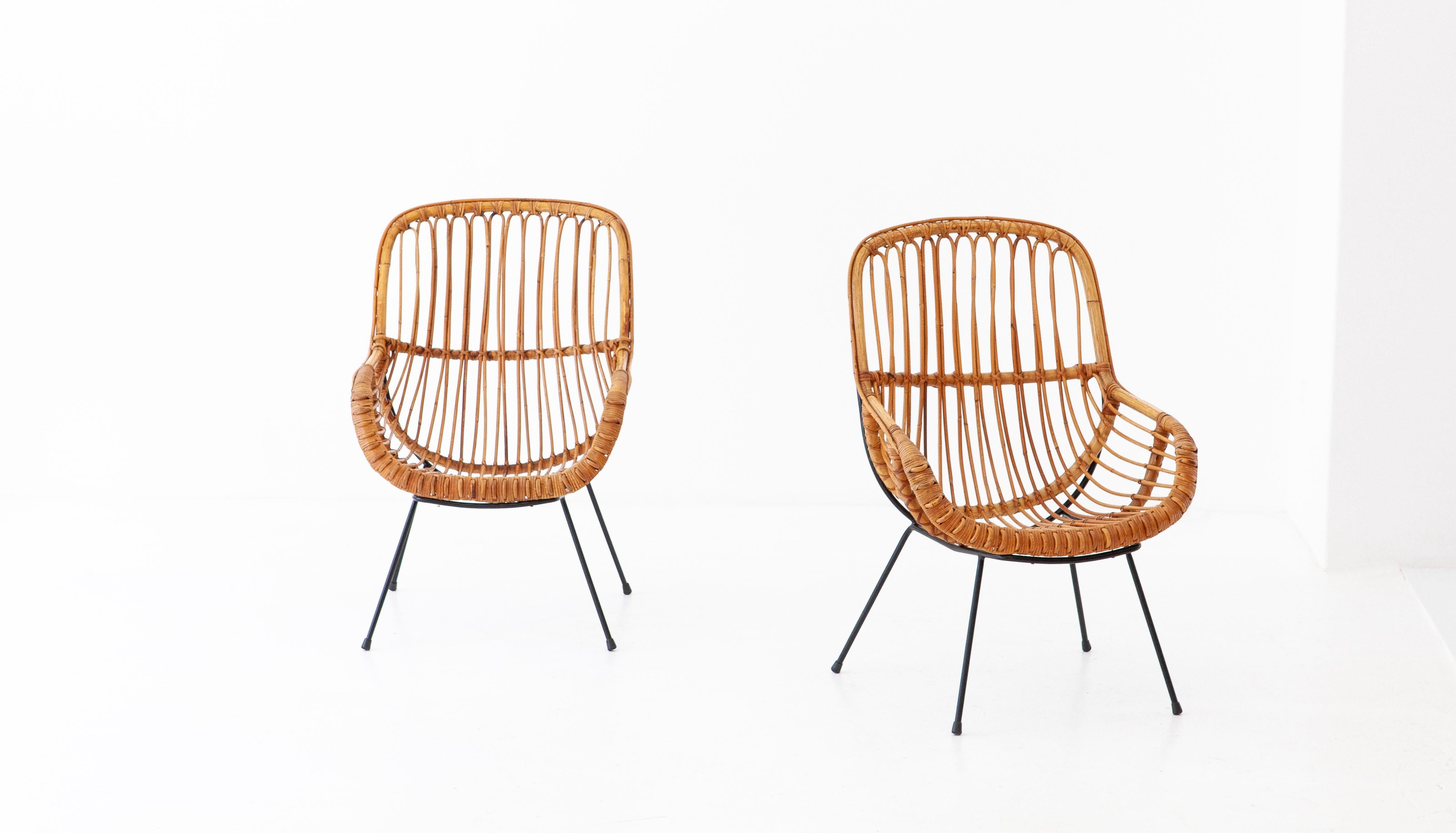 Pair of Italian Rattan, Wicker and Iron Armchairs, 1950s For Sale 3