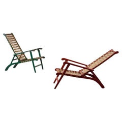Pair of Italian Reclining Armchairs in Lacquered Beech Wood and Jute