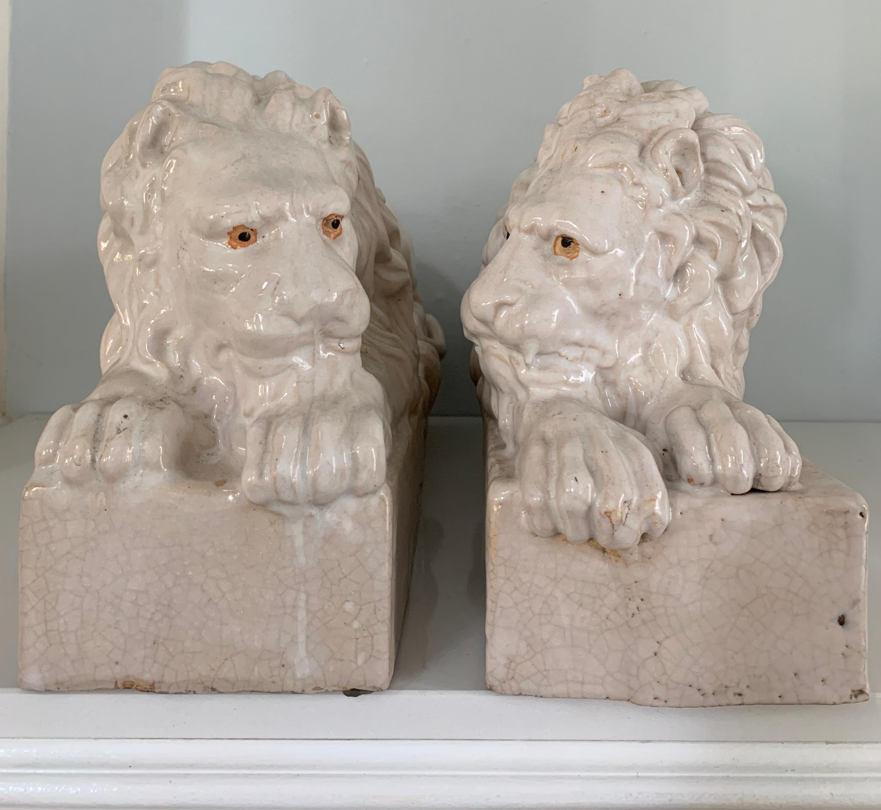 Pair of Italian Reclining Glazed Terracotta Lions For Sale 5