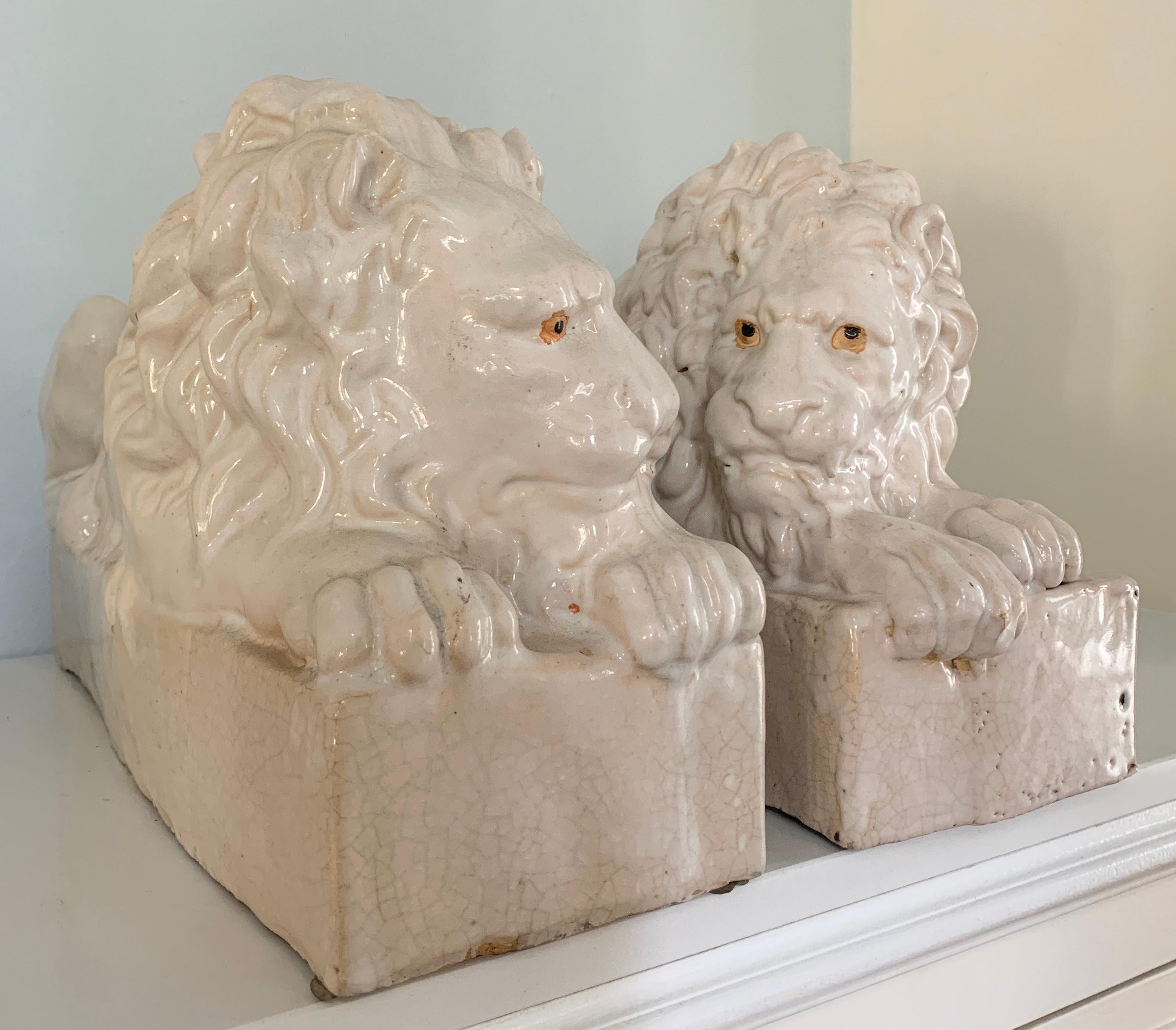 Pair of Italian Reclining Glazed Terracotta Lions For Sale 6