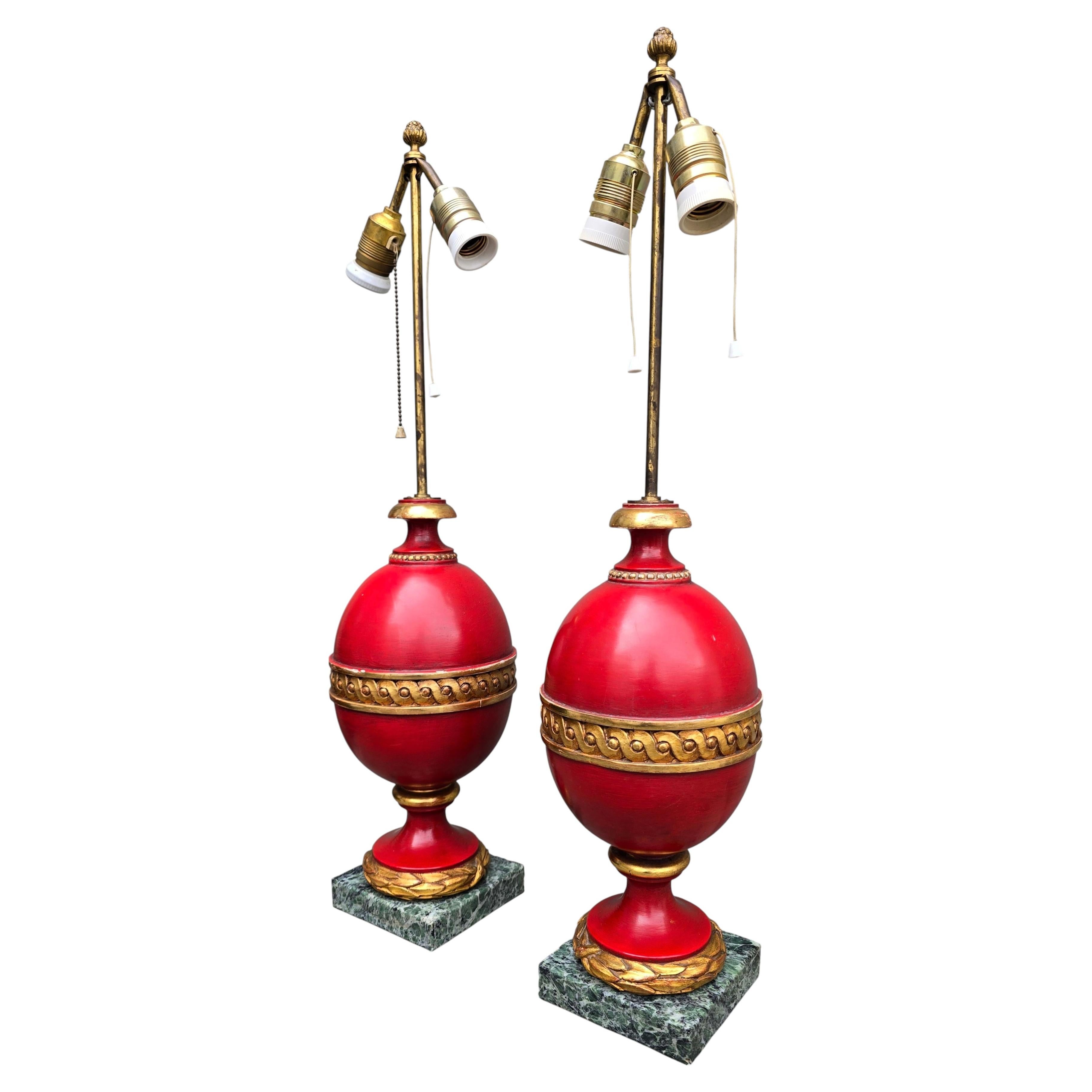 Pair of Italian Red and Gilt Urn Table Lamps on Green Marble Bases, 1950s For Sale