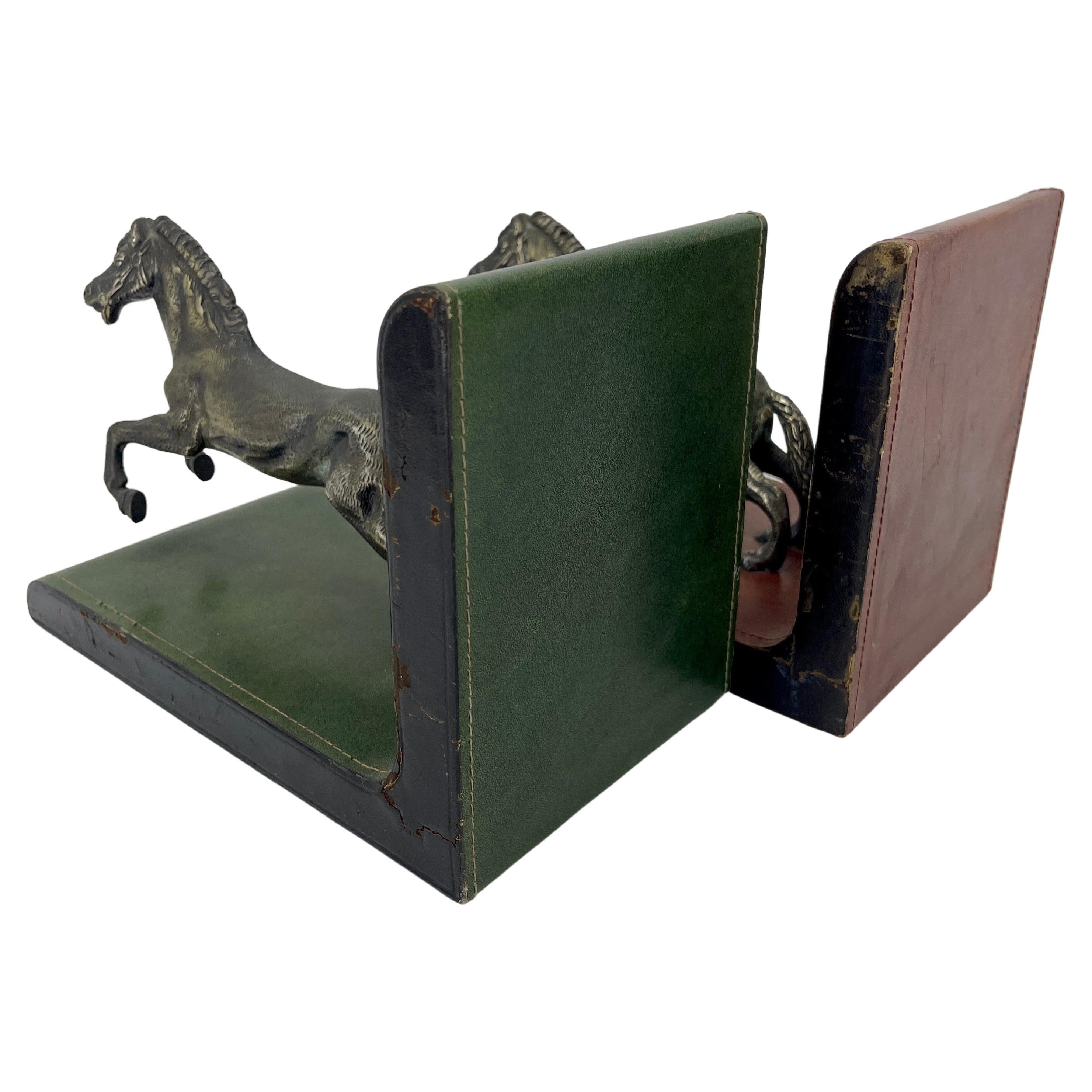 Pair of Italian Red and Green Leather Equestrian Bookends, circa 1950s For Sale 4