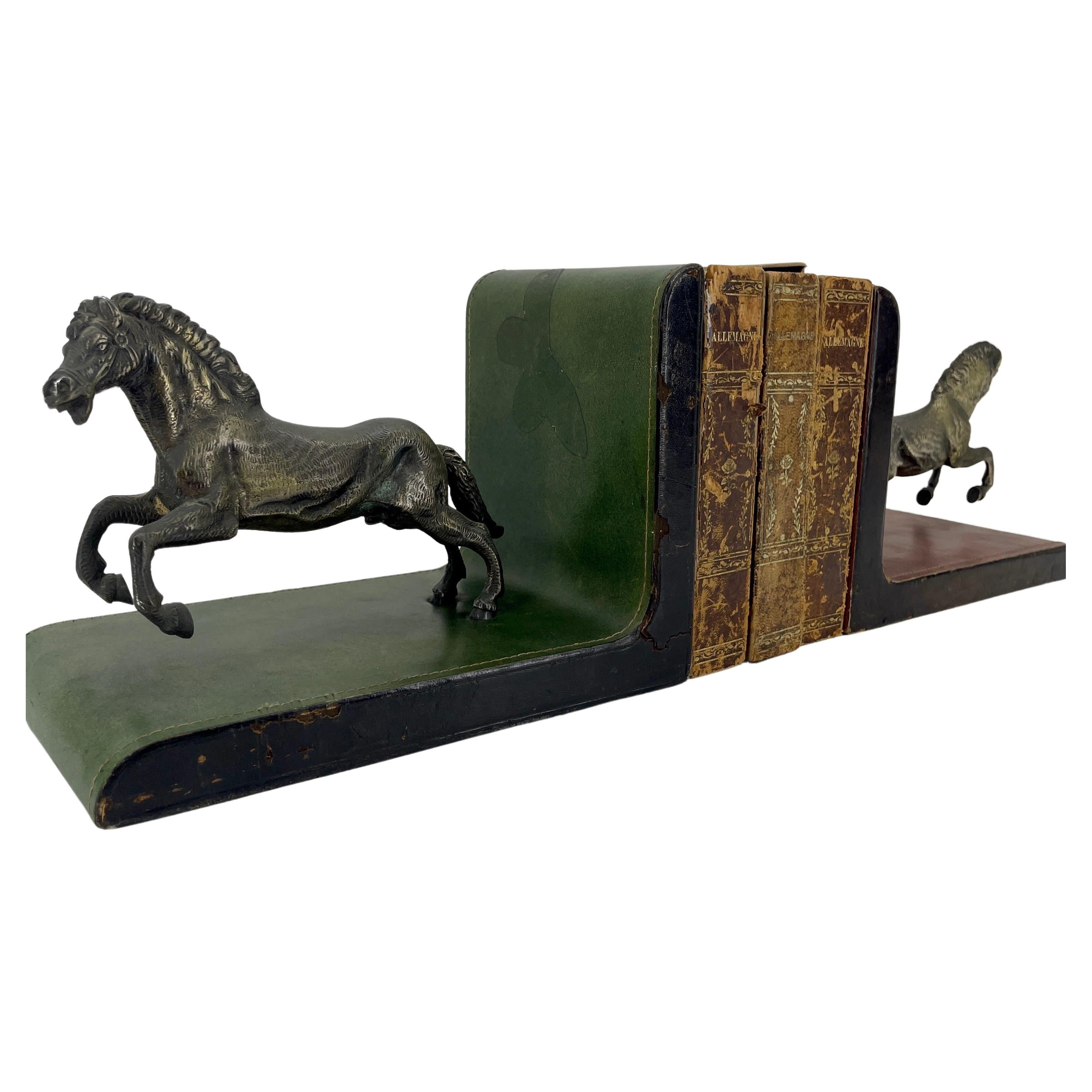 Pair of Italian Red and Green Leather Equestrian Bookends, circa 1950s For Sale 5