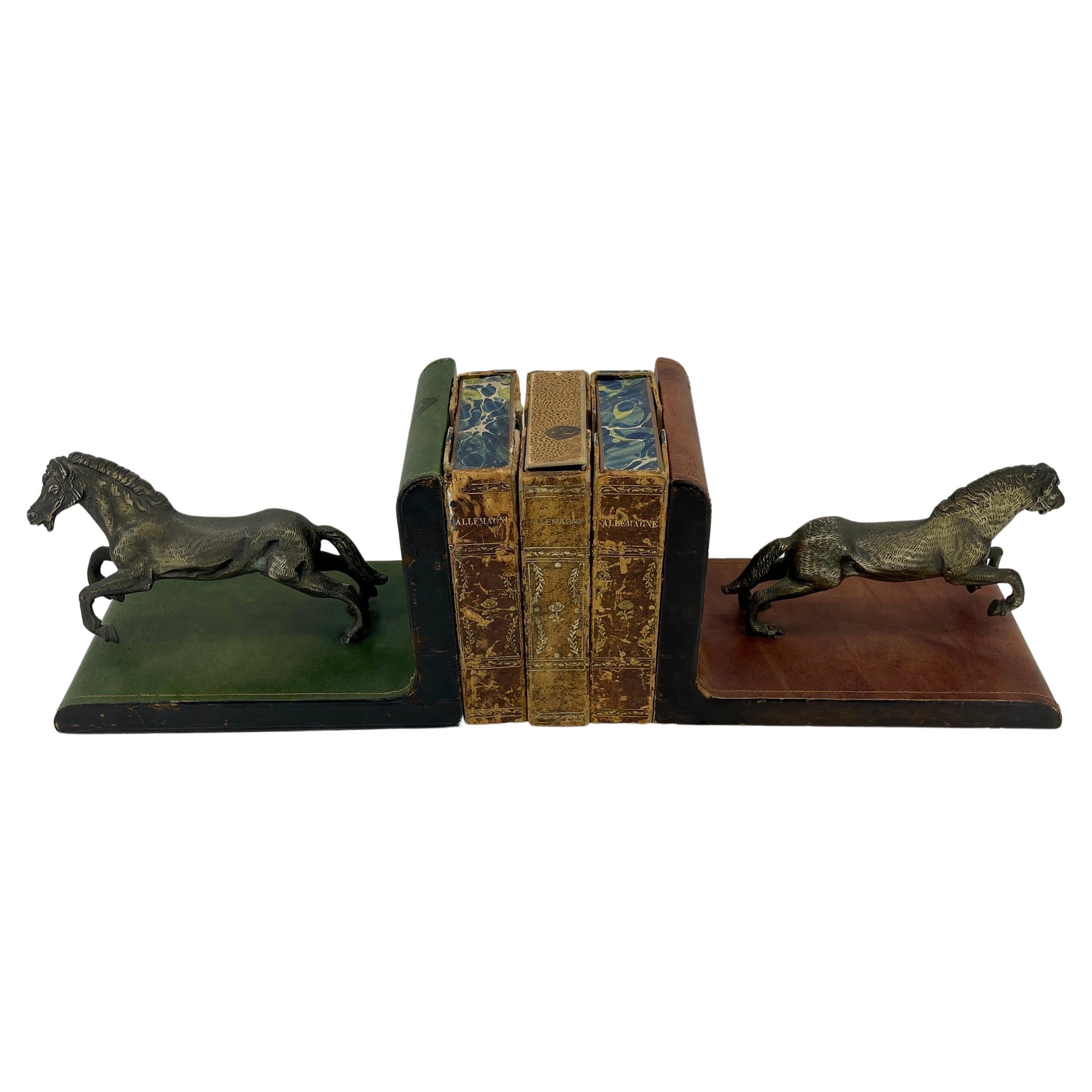 Pair of Italian Red and Green Leather Equestrian Bookends, circa 1950s For Sale 7