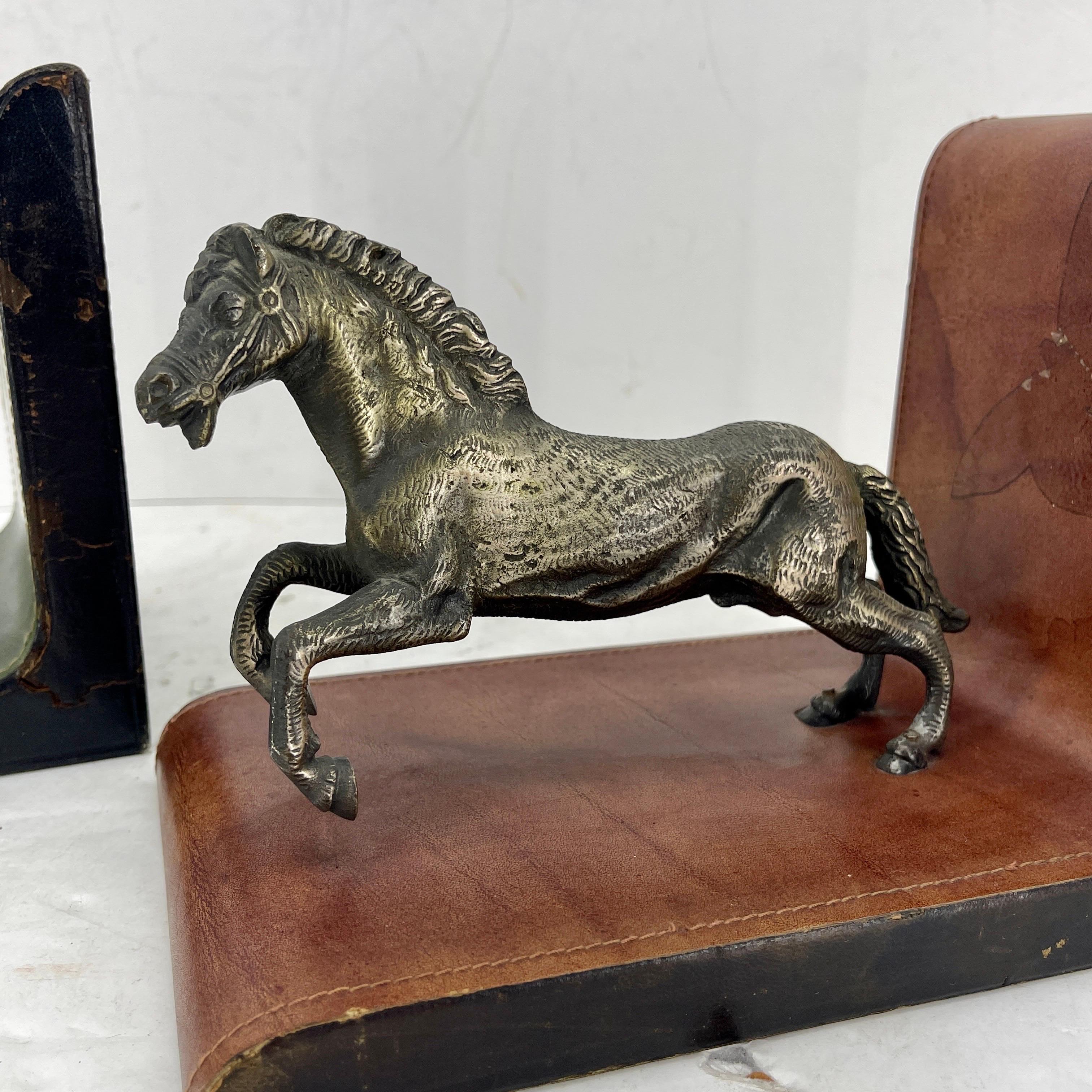 Pair of Italian Red and Green Leather Equestrian Bookends, circa 1950s For Sale 11