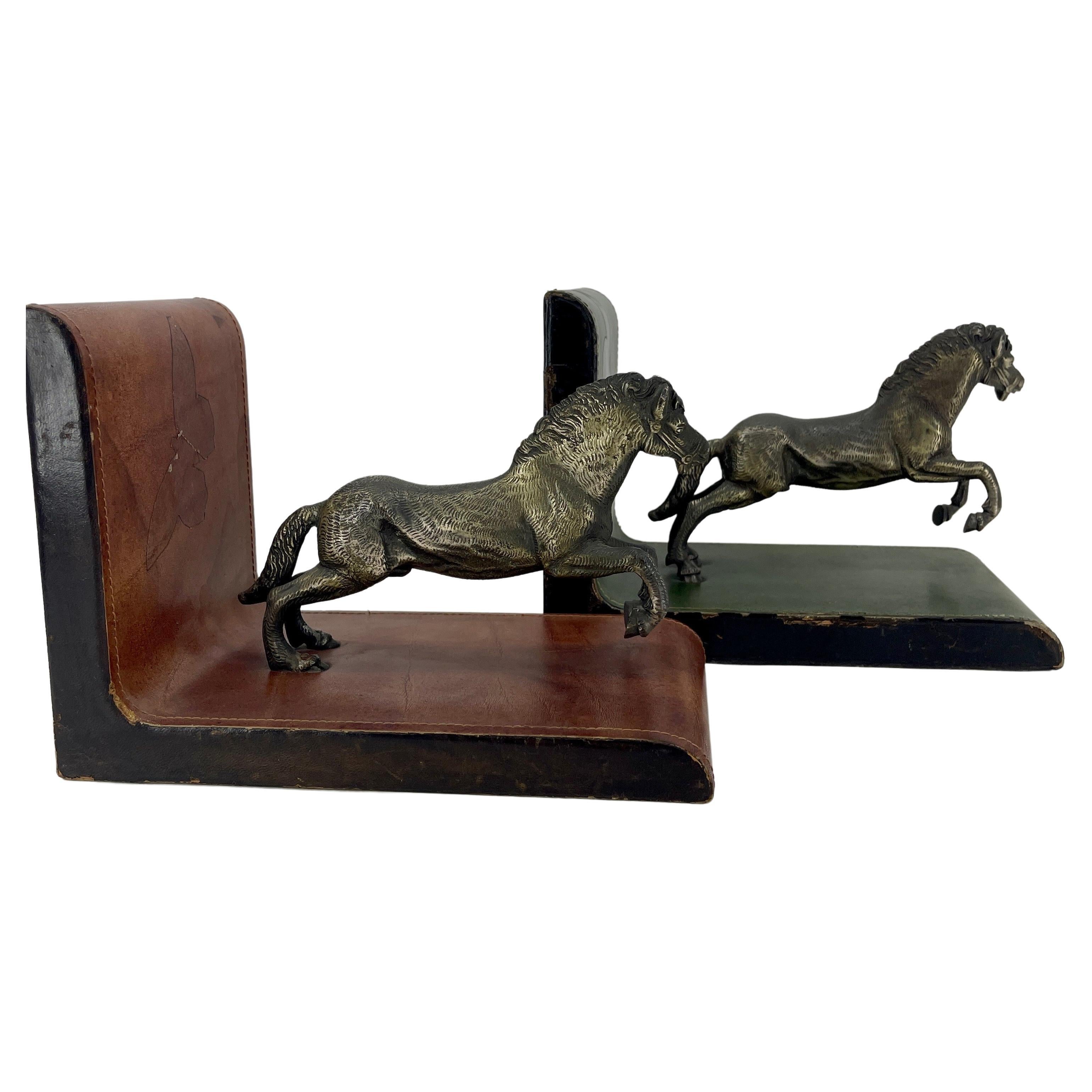 20th Century Pair of Italian Red and Green Leather Equestrian Bookends, circa 1950s For Sale