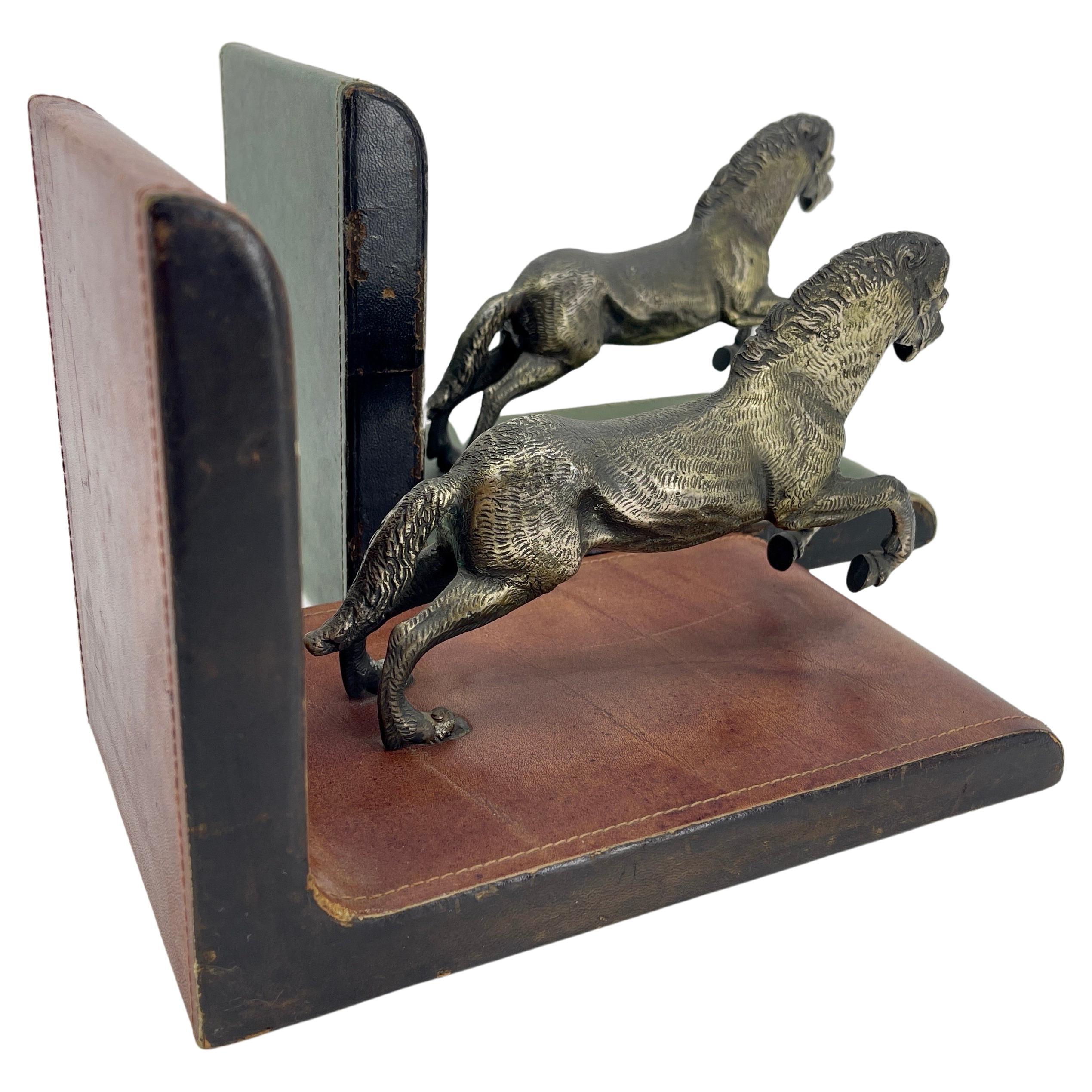 Pair of Italian Red and Green Leather Equestrian Bookends, circa 1950s For Sale 1