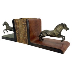 Vintage Pair of Italian Red and Green Leather Equestrian Bookends, circa 1950s