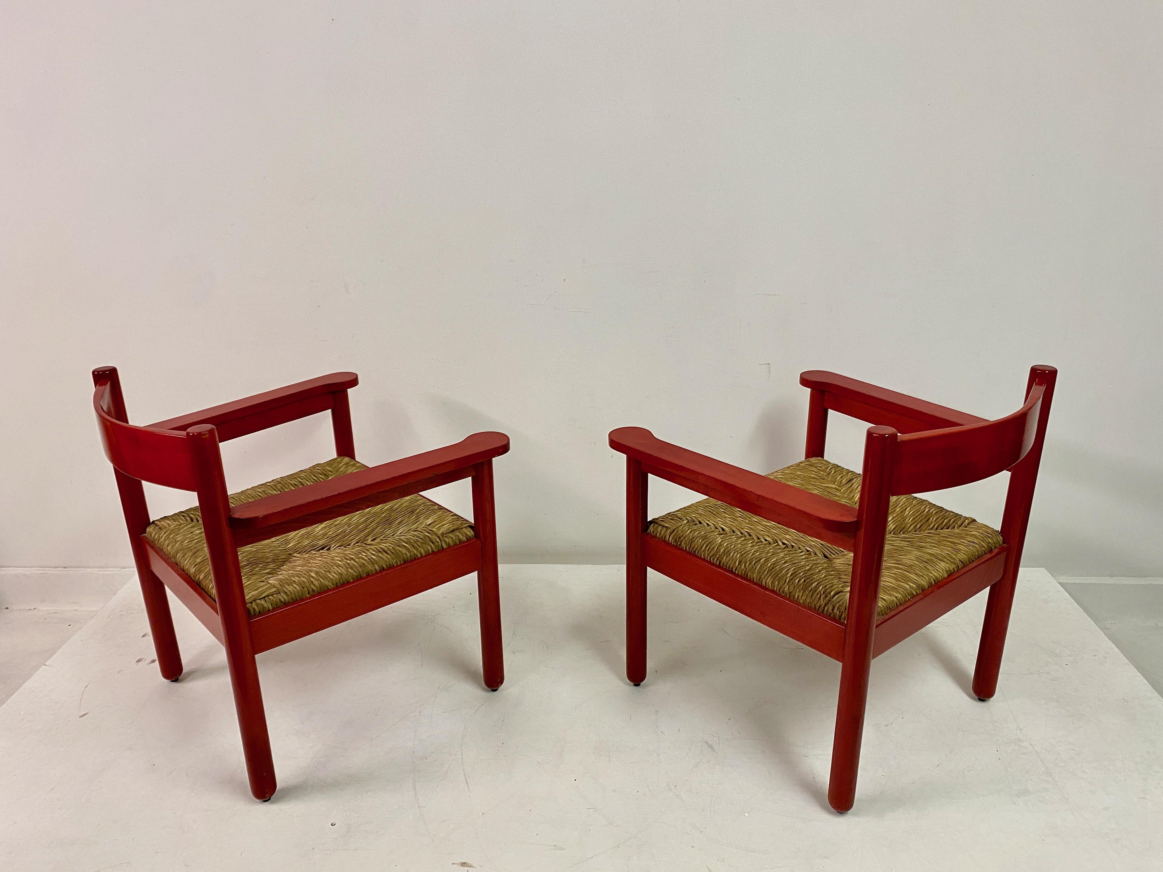Pair of Italian Red Armchairs with Rush Seats For Sale 5