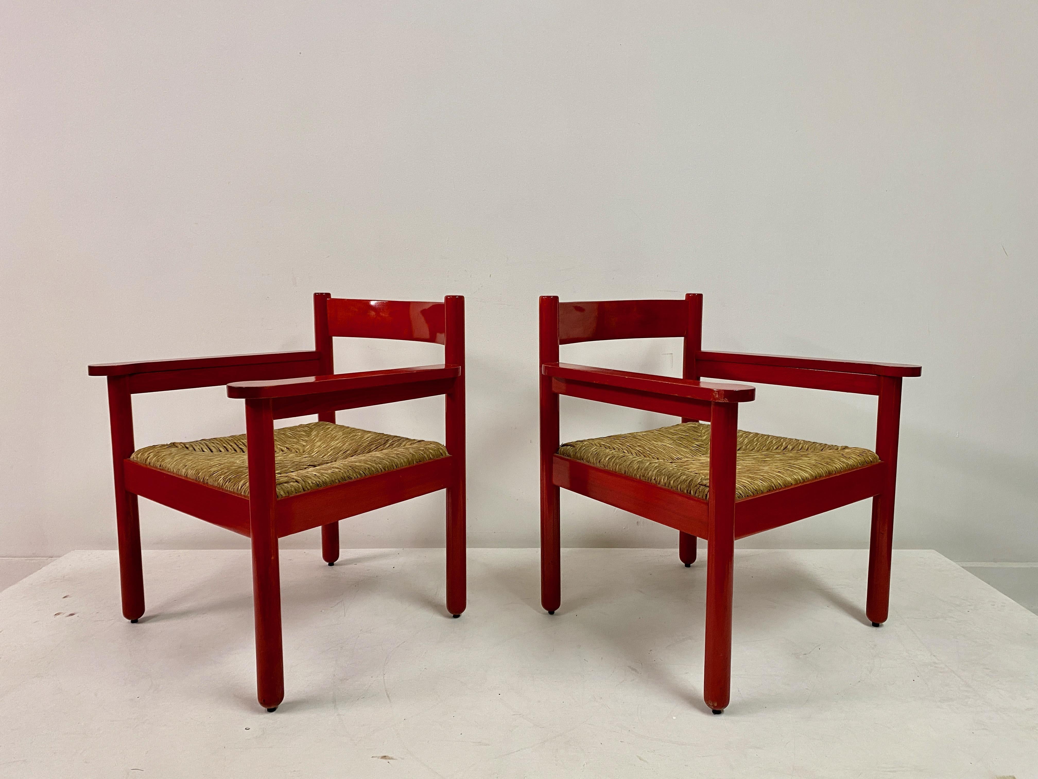 Pair of Italian Red Armchairs with Rush Seats For Sale 8