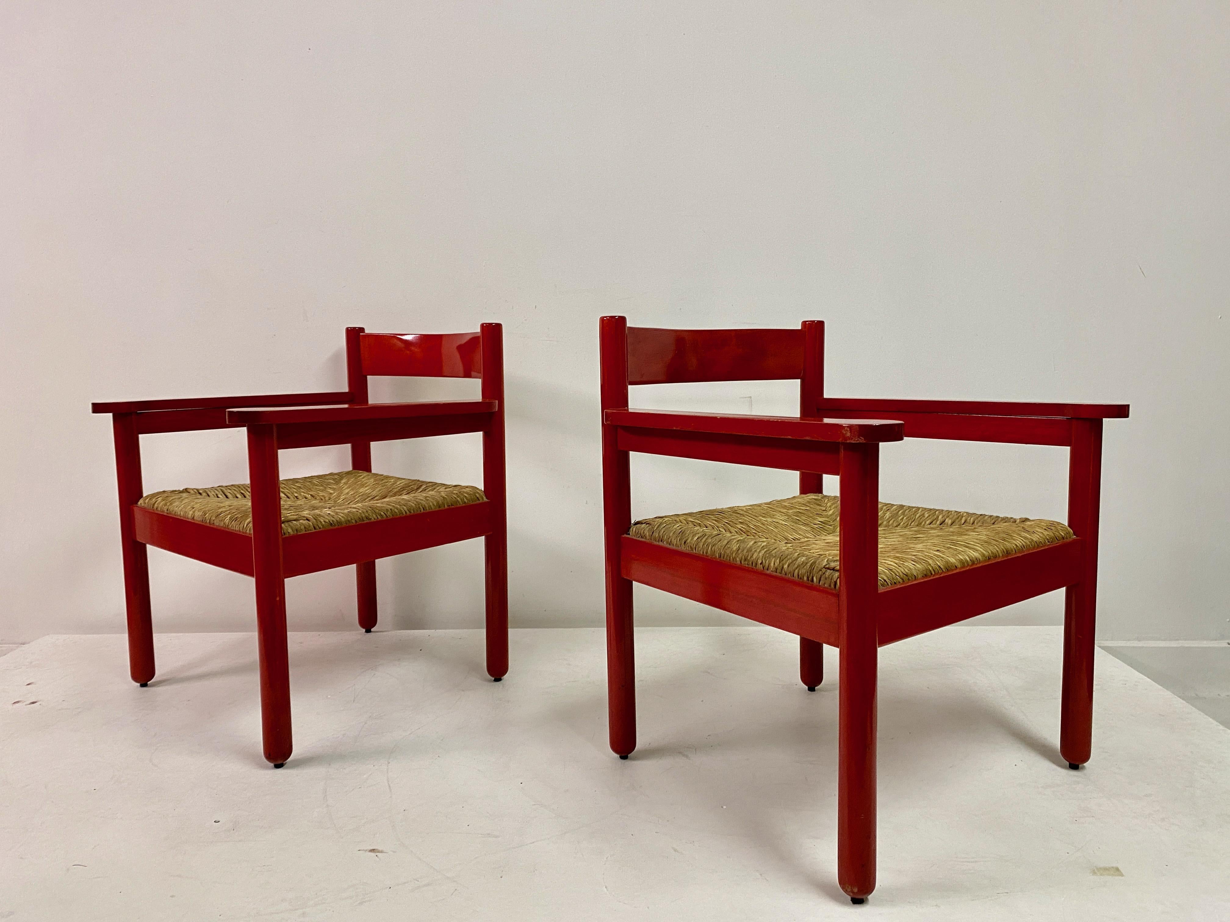 Pair of Italian Red Armchairs with Rush Seats For Sale 10