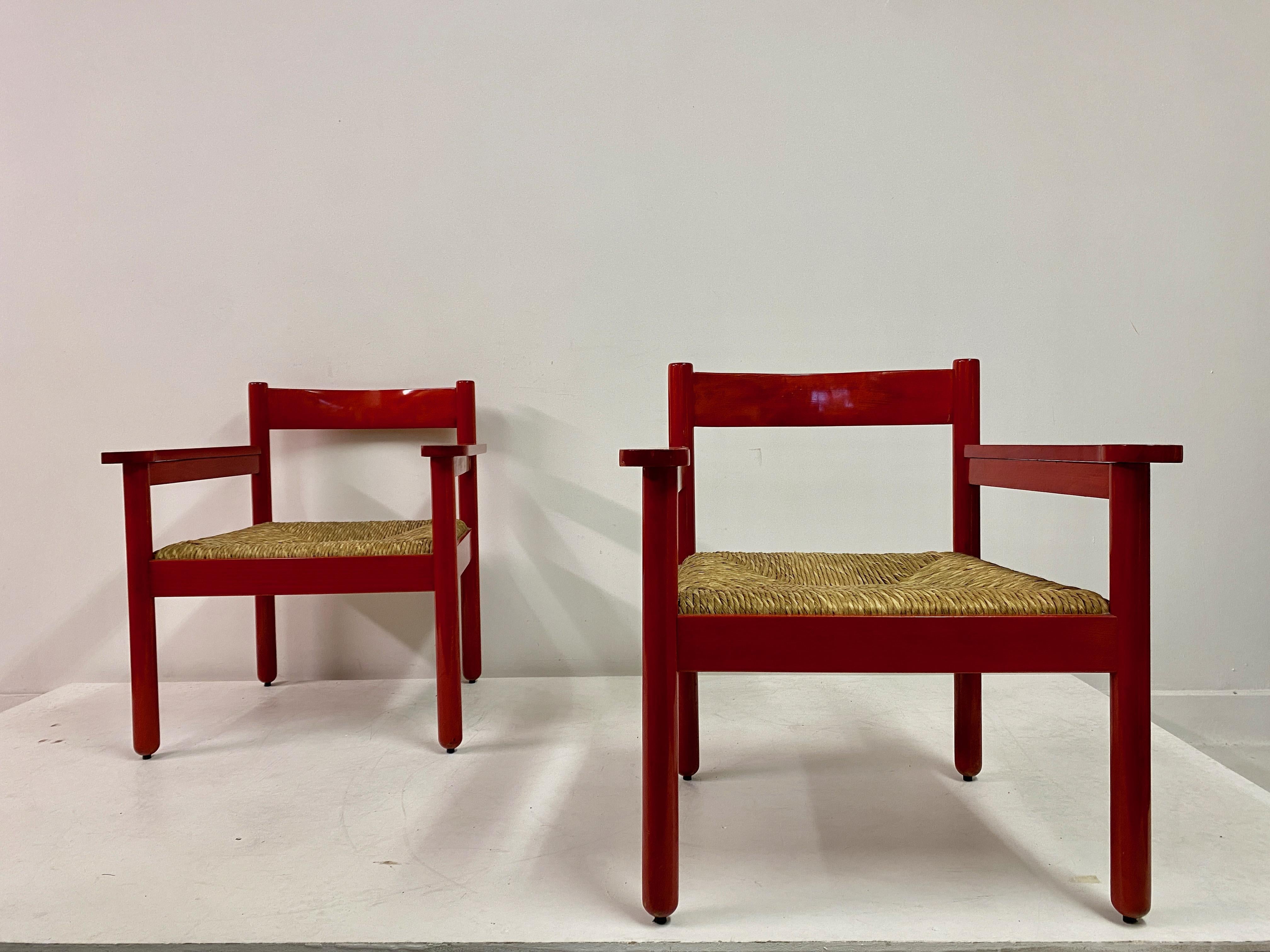 Pair of Italian Red Armchairs with Rush Seats For Sale 11