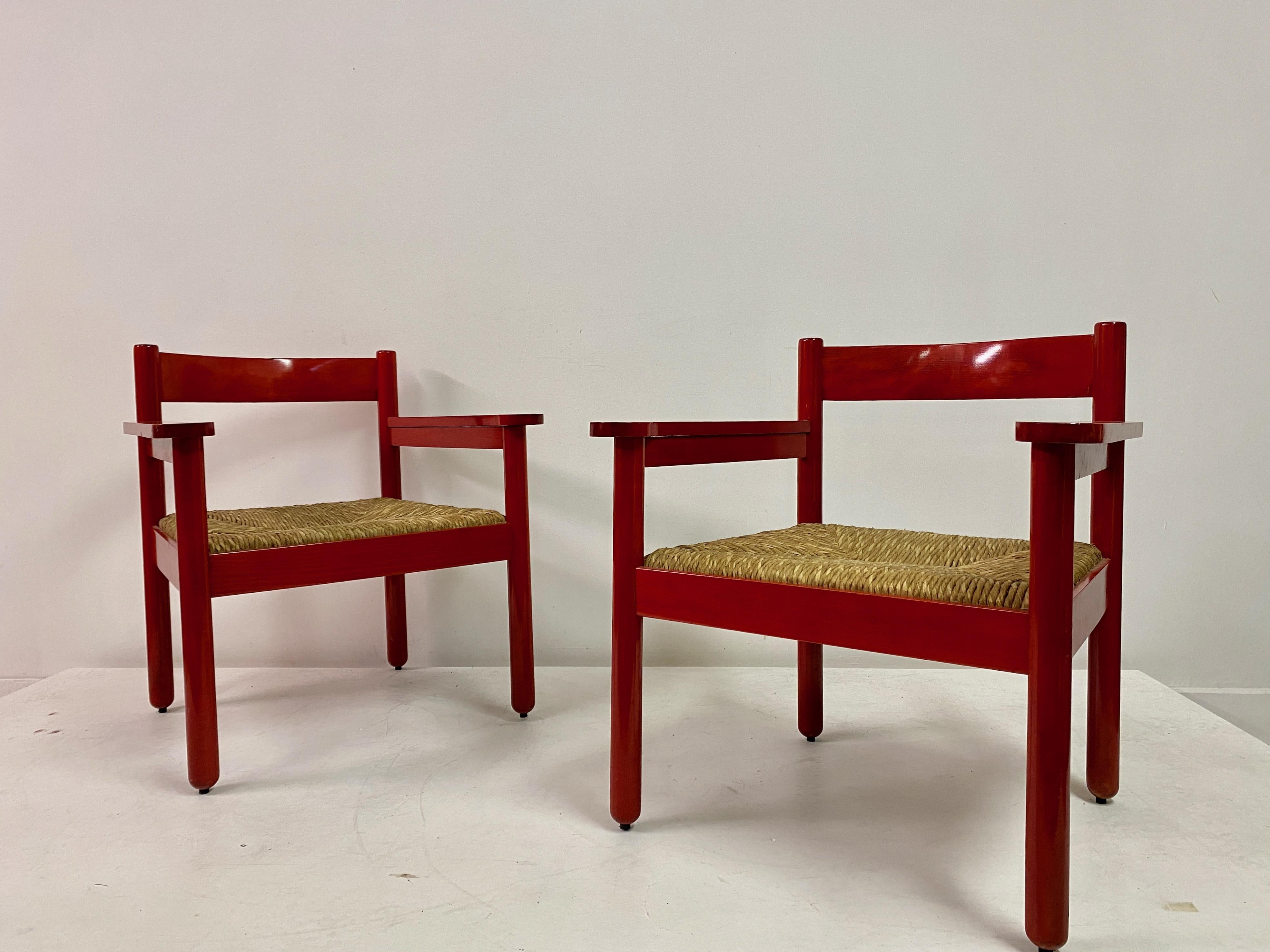 Pair of Italian Red Armchairs with Rush Seats For Sale 12