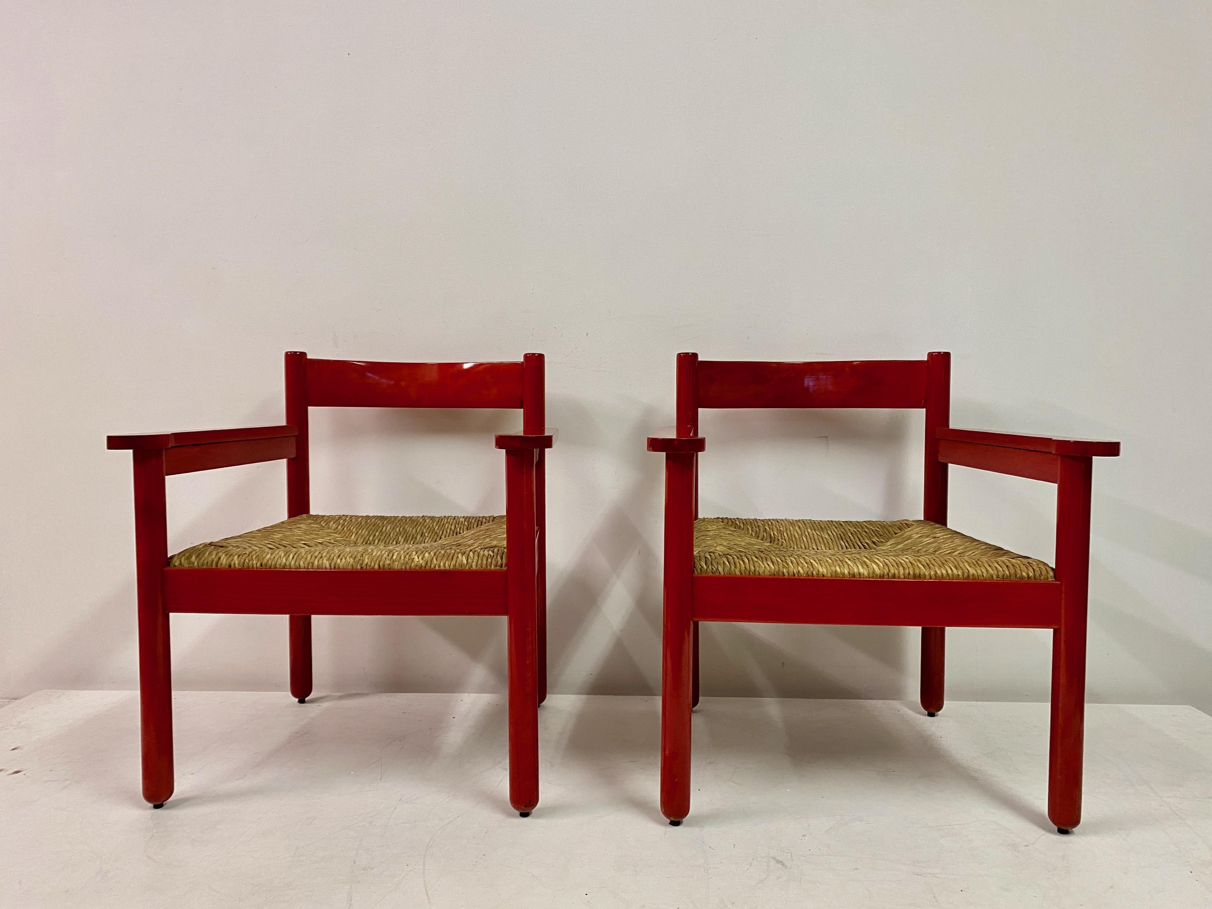 Mid-Century Modern Pair of Italian Red Armchairs with Rush Seats For Sale