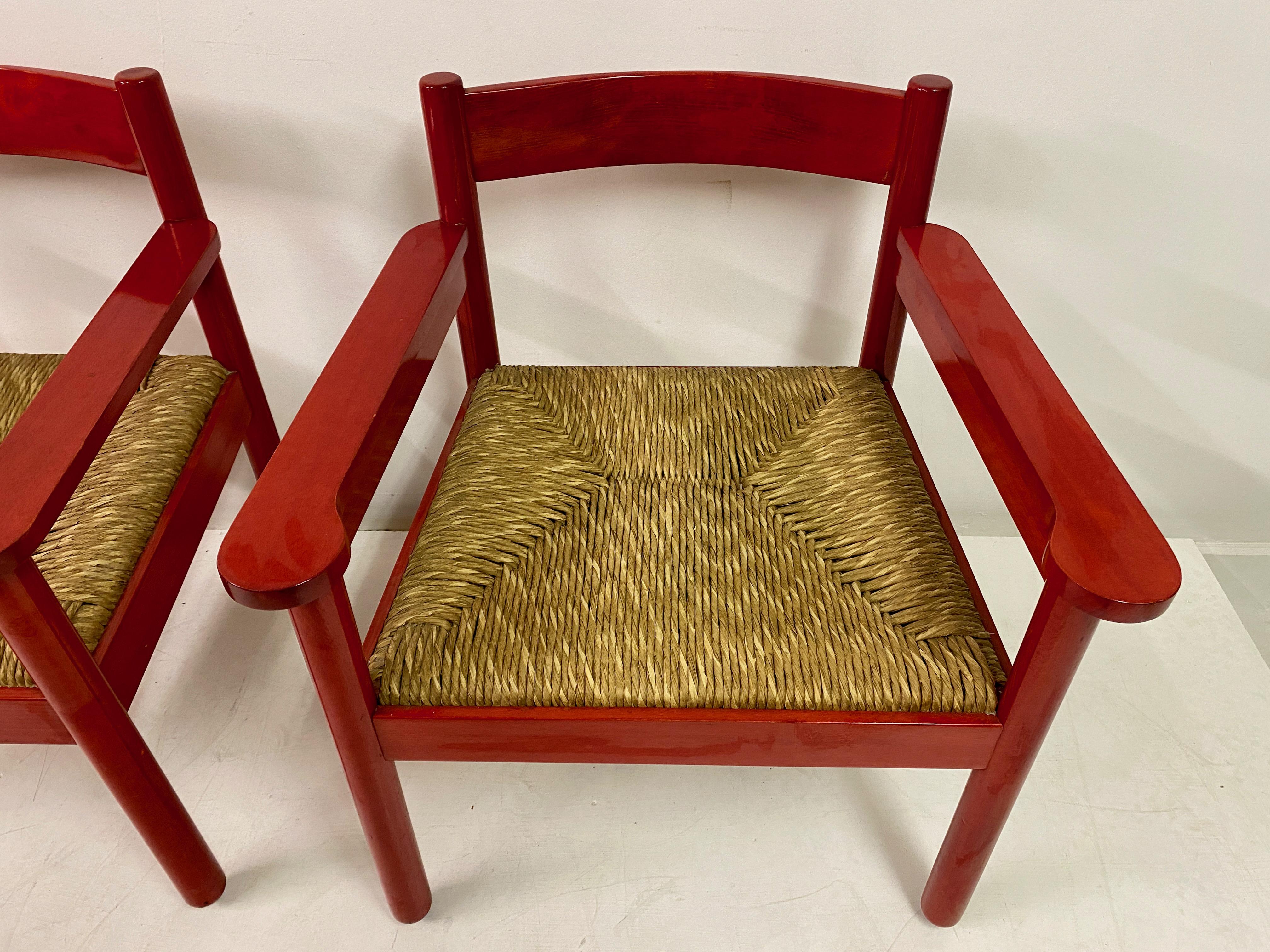 20th Century Pair of Italian Red Armchairs with Rush Seats For Sale