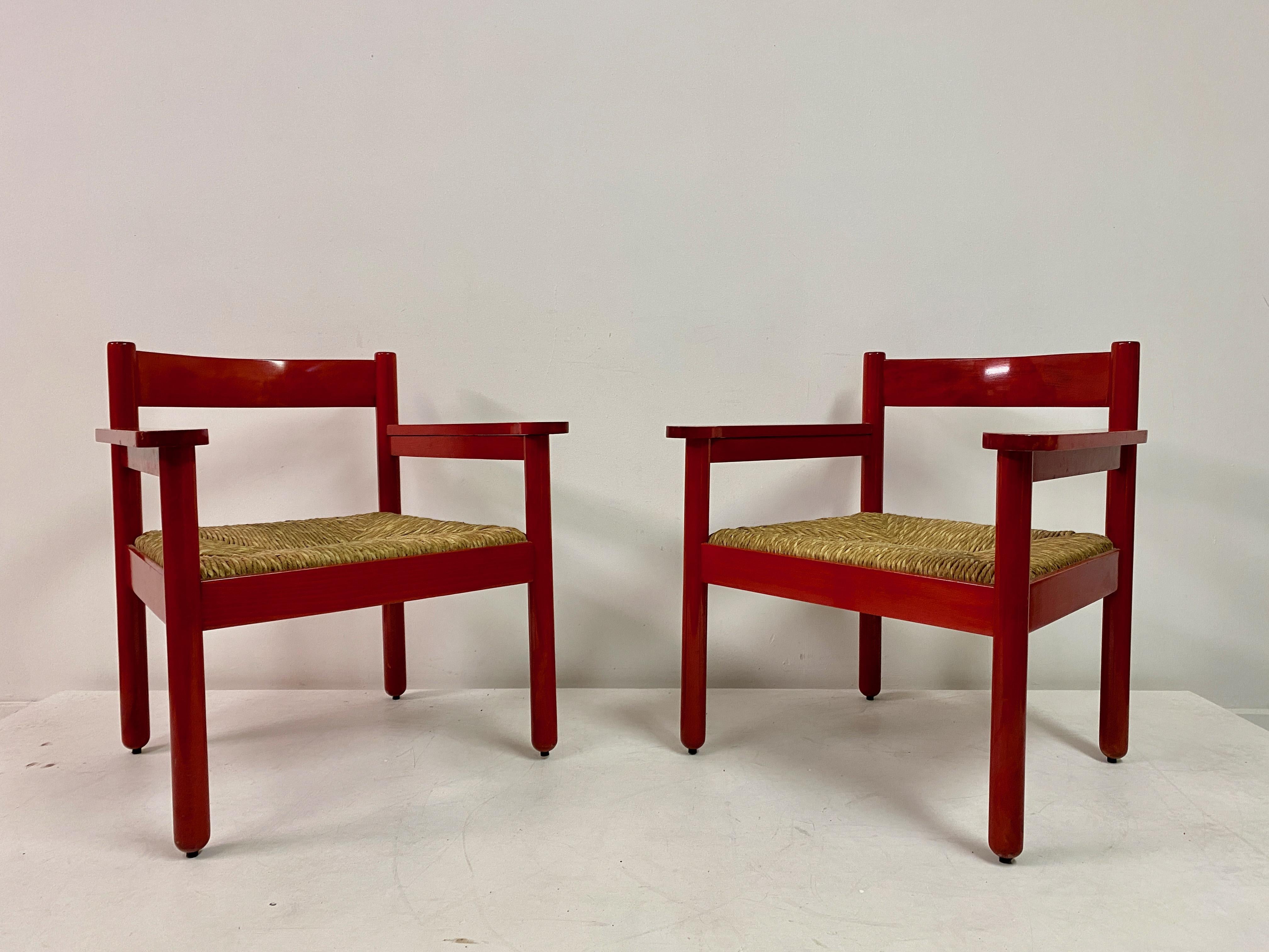 Pair of Italian Red Armchairs with Rush Seats For Sale 1