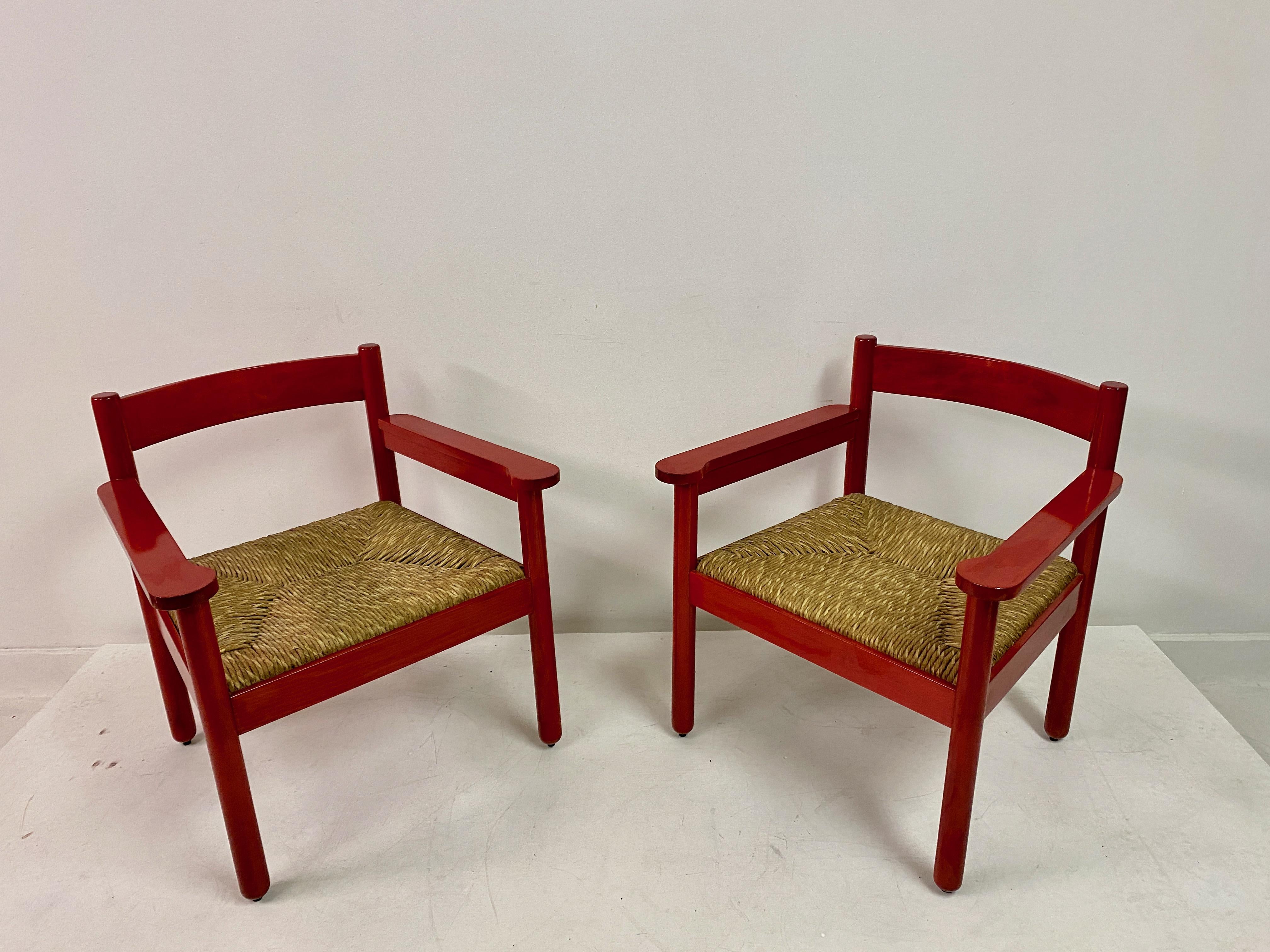 Pair of Italian Red Armchairs with Rush Seats For Sale 2
