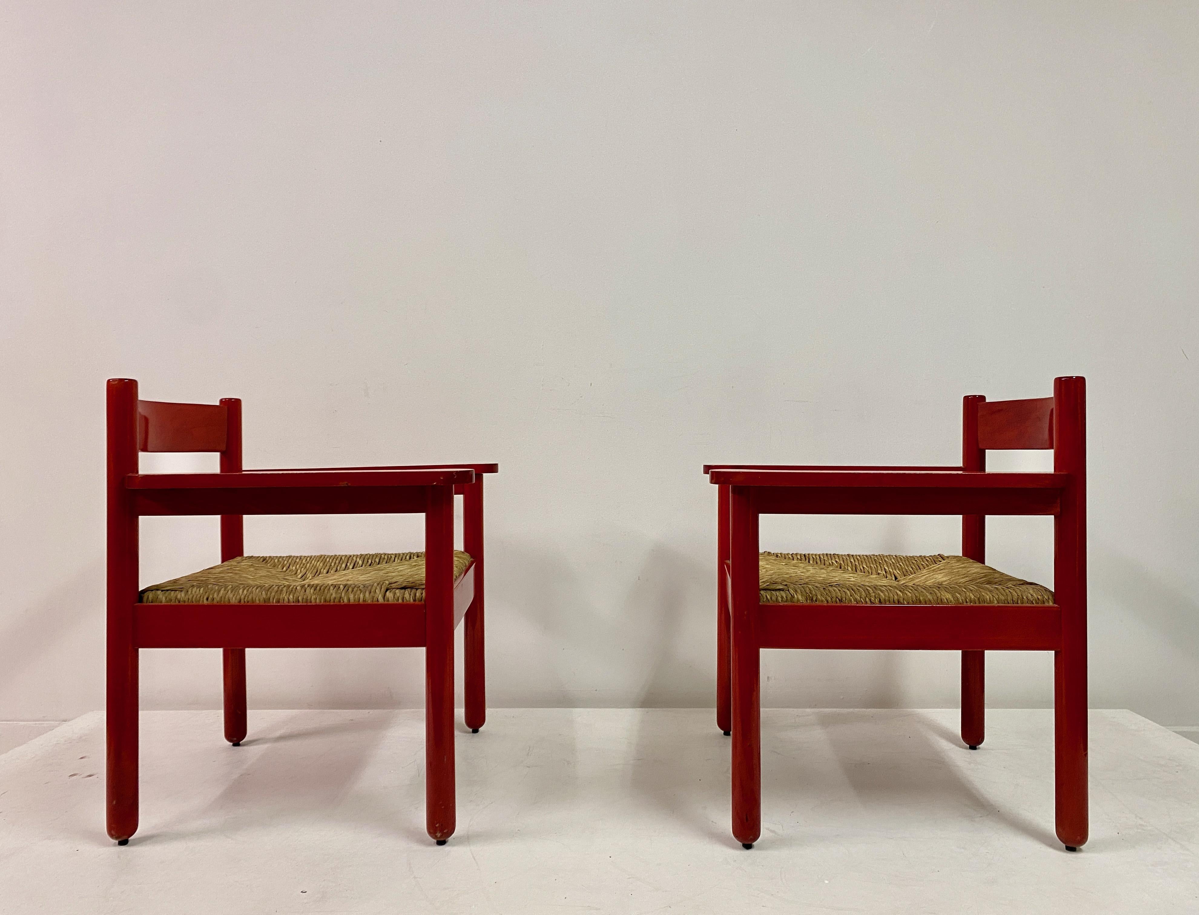Pair of Italian Red Armchairs with Rush Seats For Sale 3
