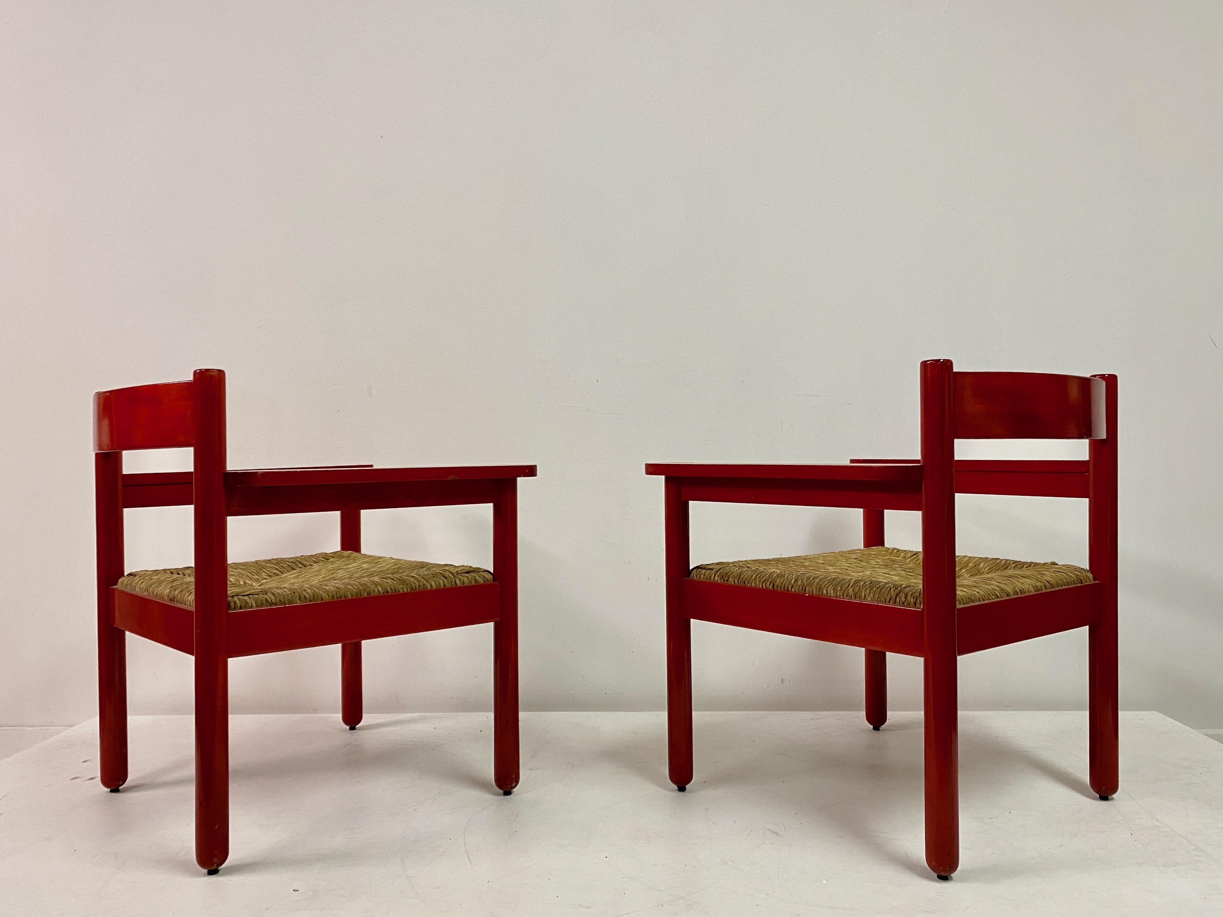 Pair of Italian Red Armchairs with Rush Seats For Sale 4